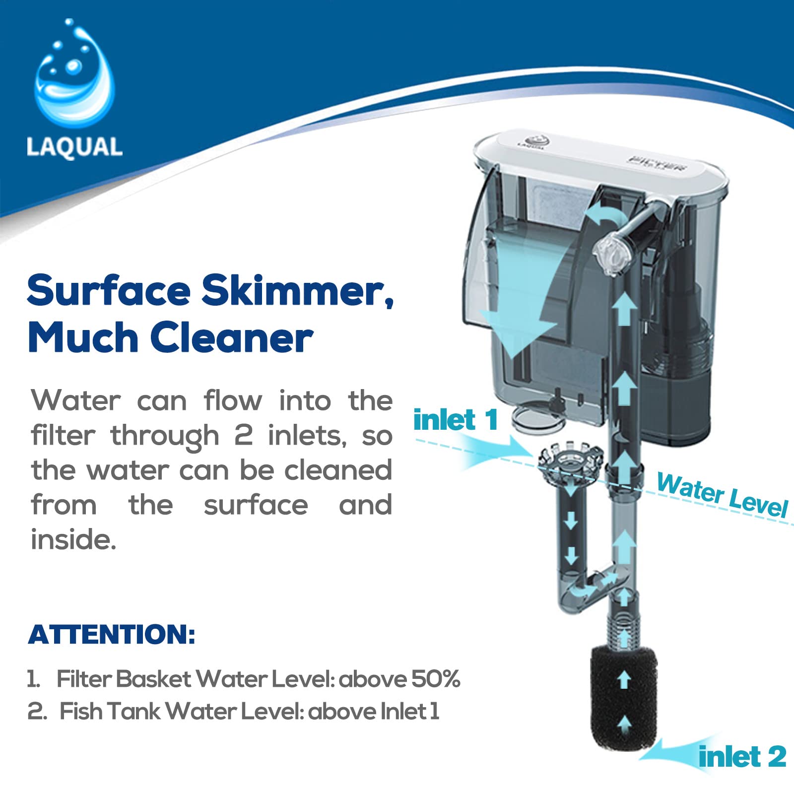 Laqual Aquarium Filter With Surface Skimmer, 10 Gallon Small Fish Tank Filter, 3-Layer Filtration, Adjustable Water Flow, Waterfall Design For Increasing Oxygen, Quiet & Efficient Hang On Back Filter