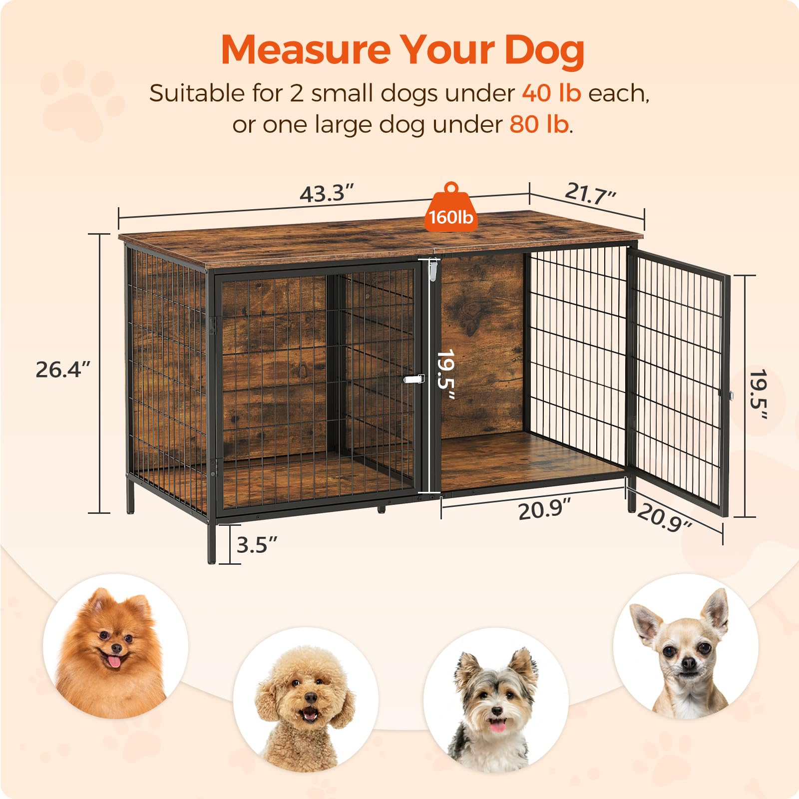 MAHANCRIS Dog Crate Furniture for 2 Dogs, 43.3 Dog Kennel with Removable Divider, Heavy Sturdy Dog Furniture Style Double Cage f