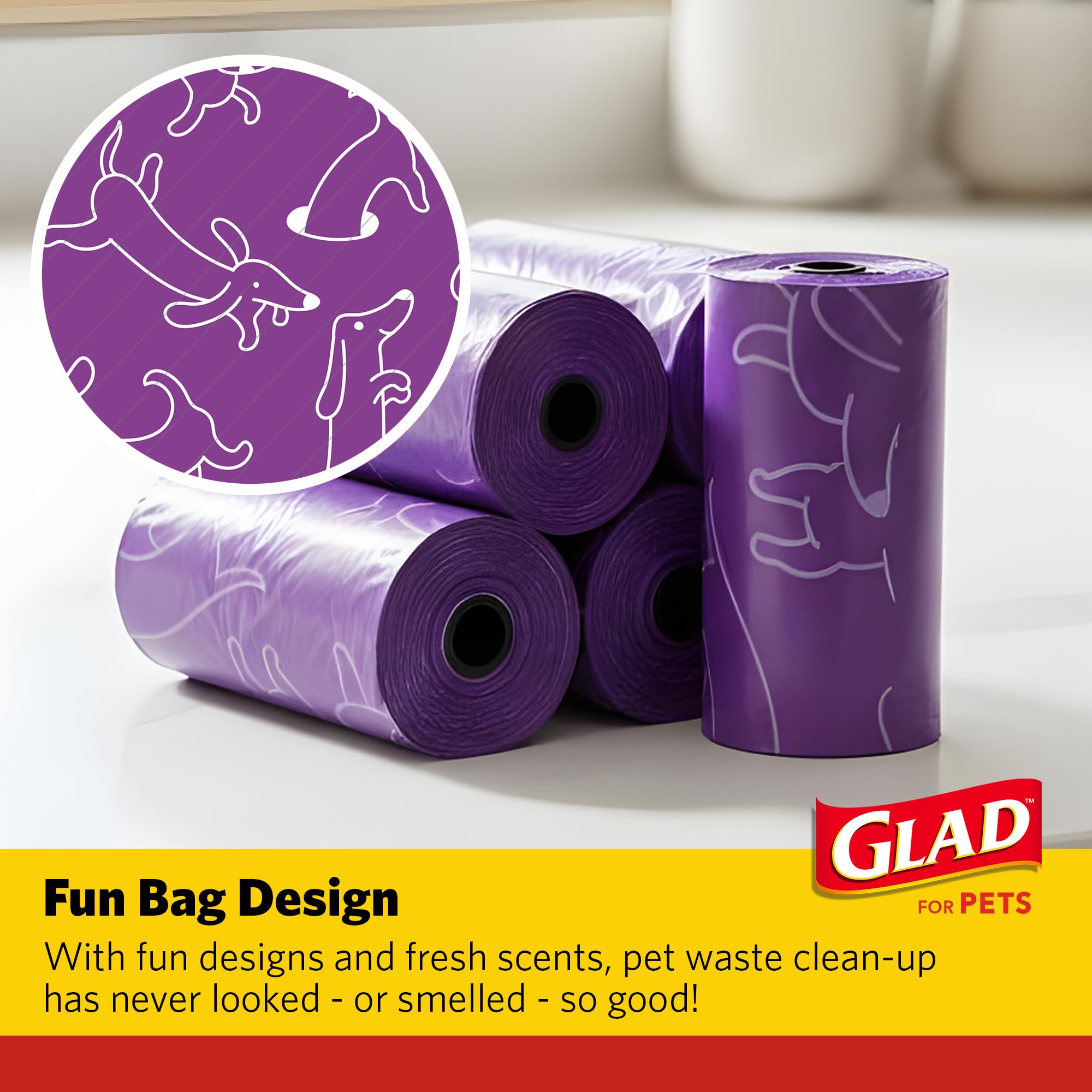 Glad for Pets Scented Waste Bags, Tear Resistant Pet Poop Pick-up Bags with Leak Protection, Fresh Lavender Scent, Purple Design