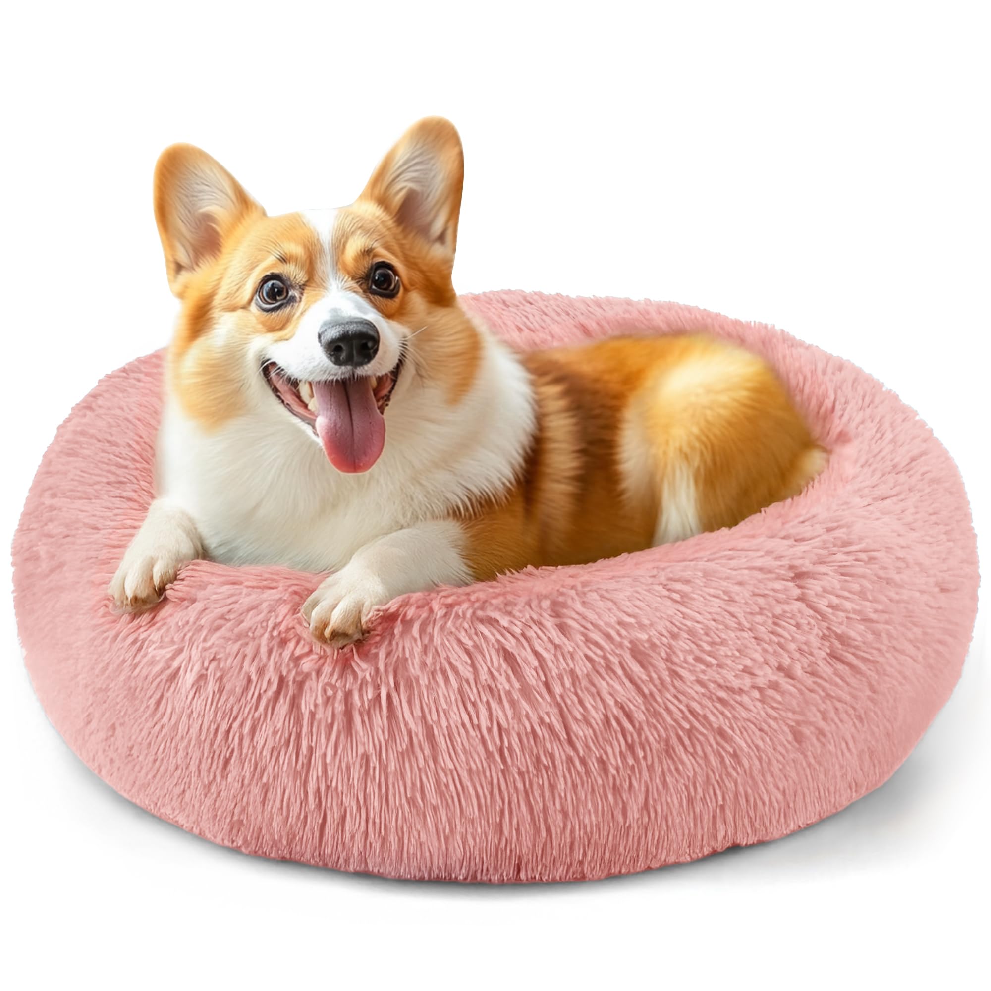 28in Large Dog Bed, Medium Size Dog and Cats, Calming Donut Bed for Puppy and Kitten, Washable Round Fluffy Pet Bed (Pink)