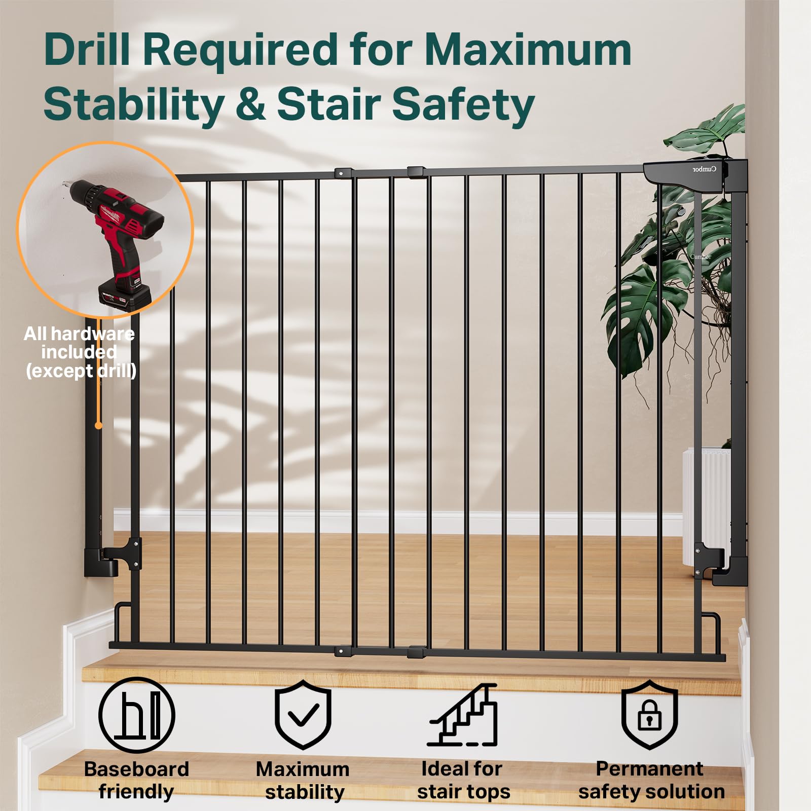 Cumbor 34" Extra Tall Wall Mounted Baby Gate for Stairs, Expandable 31.6-48", Black, Metal, Model CP7V1