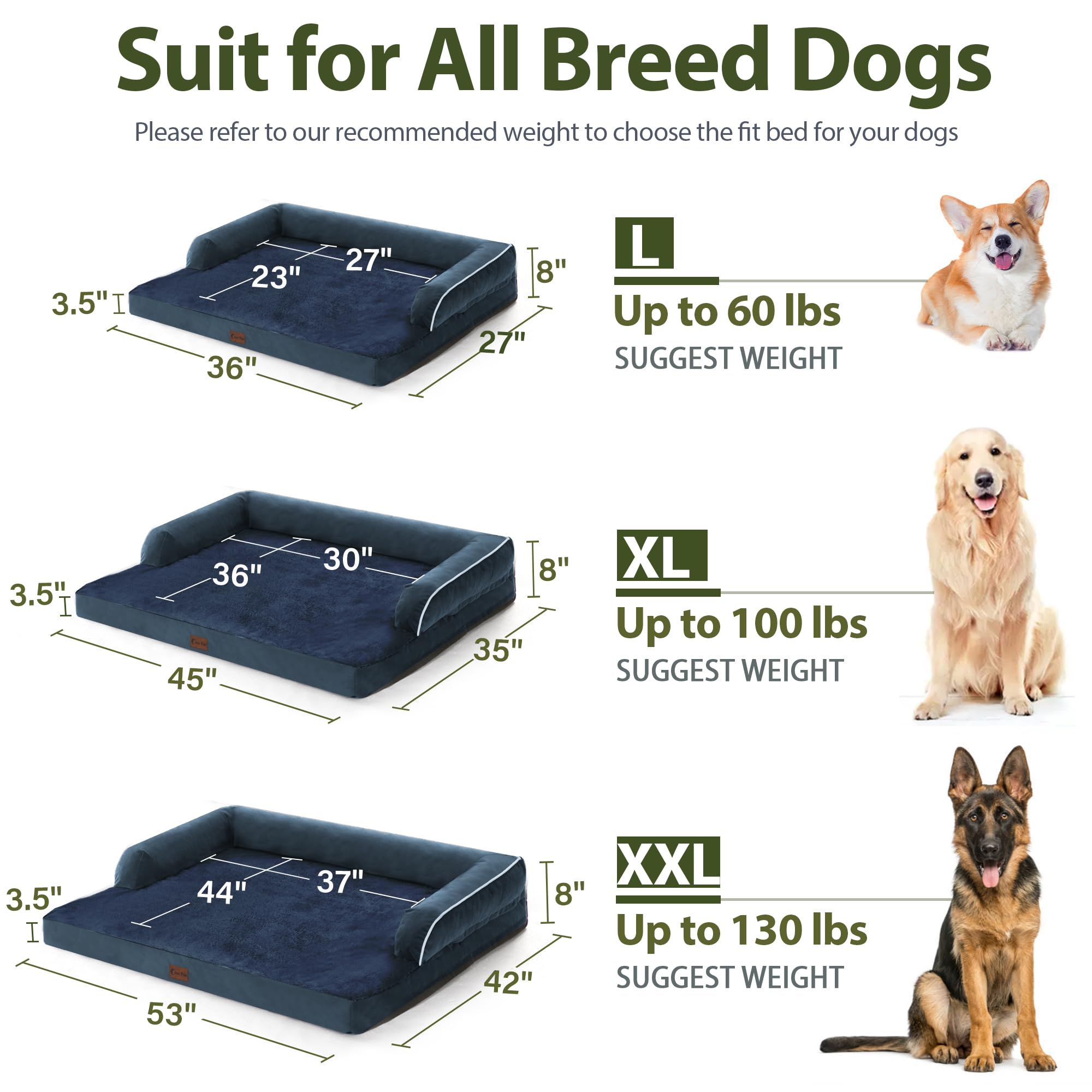 Casa Paw Orthopedic Dog Bed for Extra Large Dogs, Waterproof XLarge Memory Foam Couch Bed with Comfy Bolster, Removable Washable