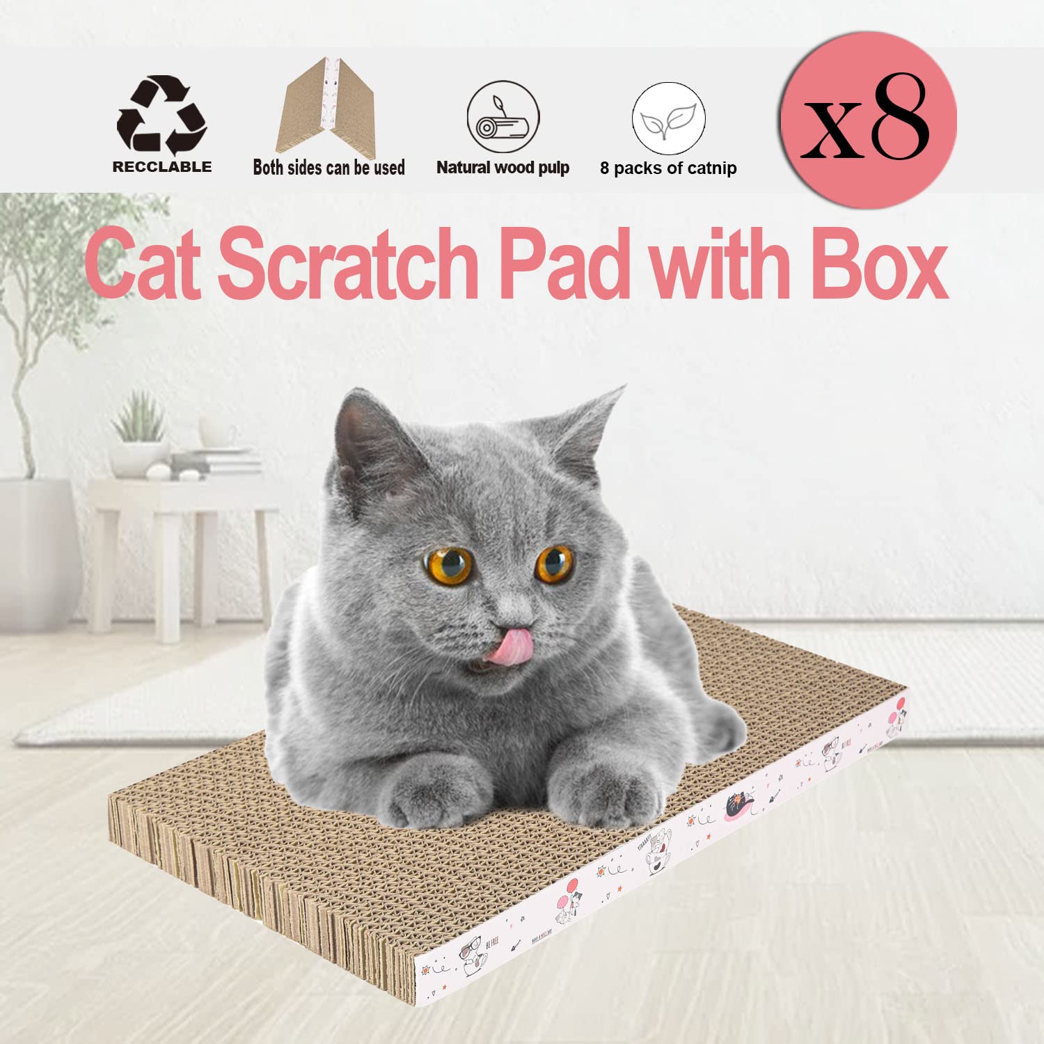 8 Packs In 1 Cat Scratch Pad, Cat Scratcher Cardboard,Reversible,Durable Recyclable Cardboard, Premium Scratch, Suitable For Cats To Rest, Grind Claws And Play