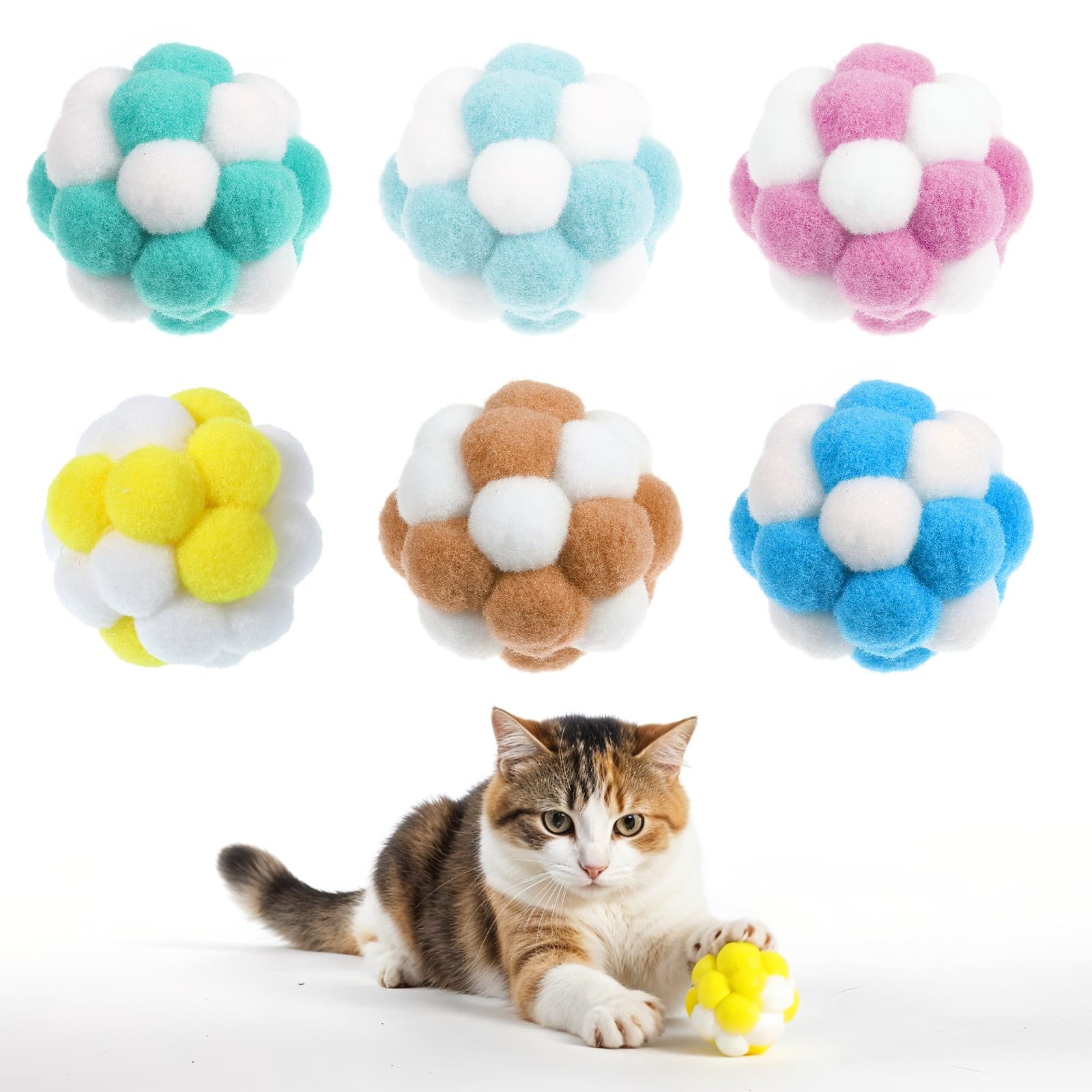 Euphhonycs 6 Pieces Cat Pom Pom Balls Cat Toys With Bells 4Cm Soft PomPoms Balls Cats Jingle Ball Cats Interactive Ball Toy Scr