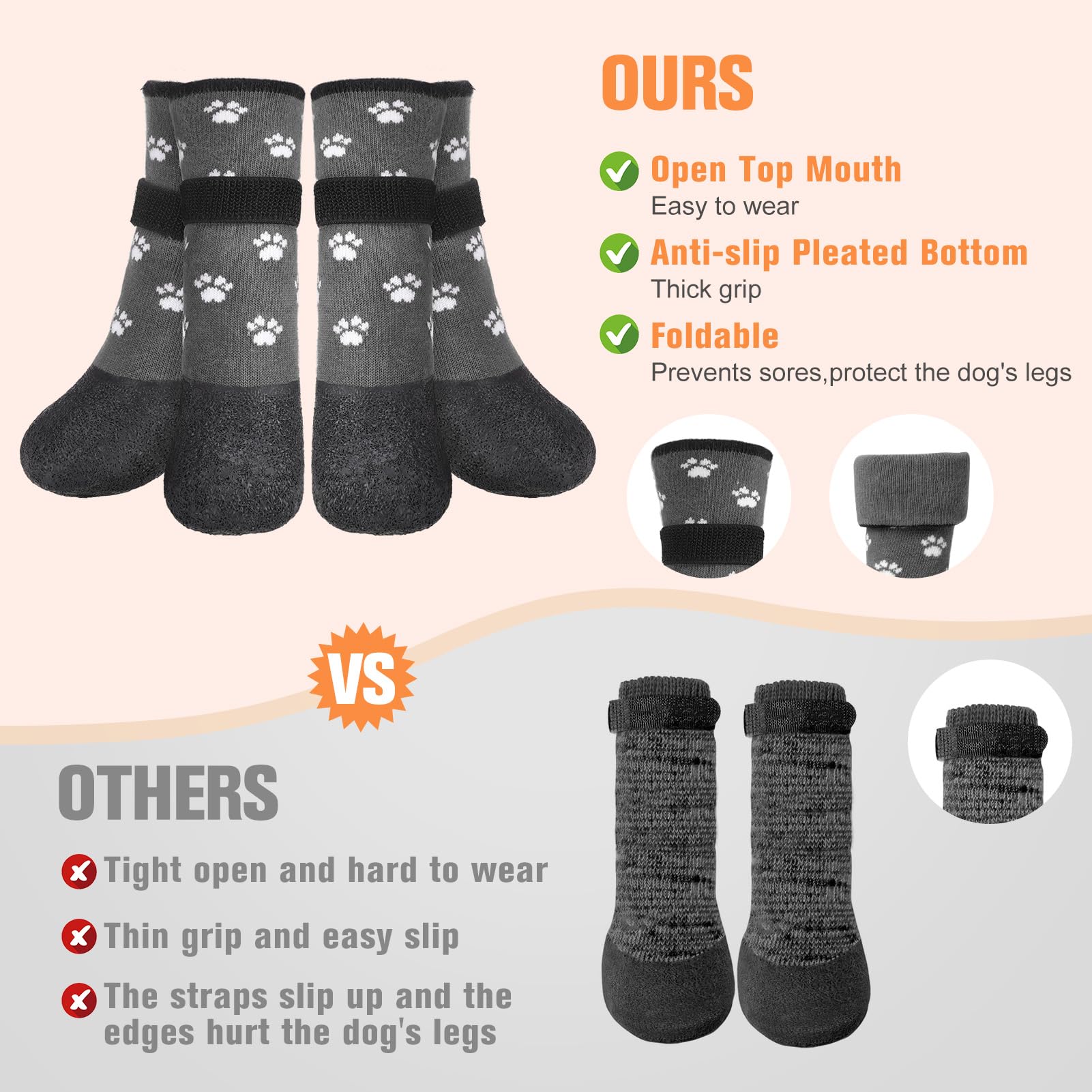 Beautyzoo Anti Slip Dog Socks Boots, Dog Shoes For Hot/Cold Pavement Snow Rain Days,Waterproof Grip Dog Booties Paw Protector For Hardwood Floor, Prevent Licking For Small Medium Large Senior Old Dogs