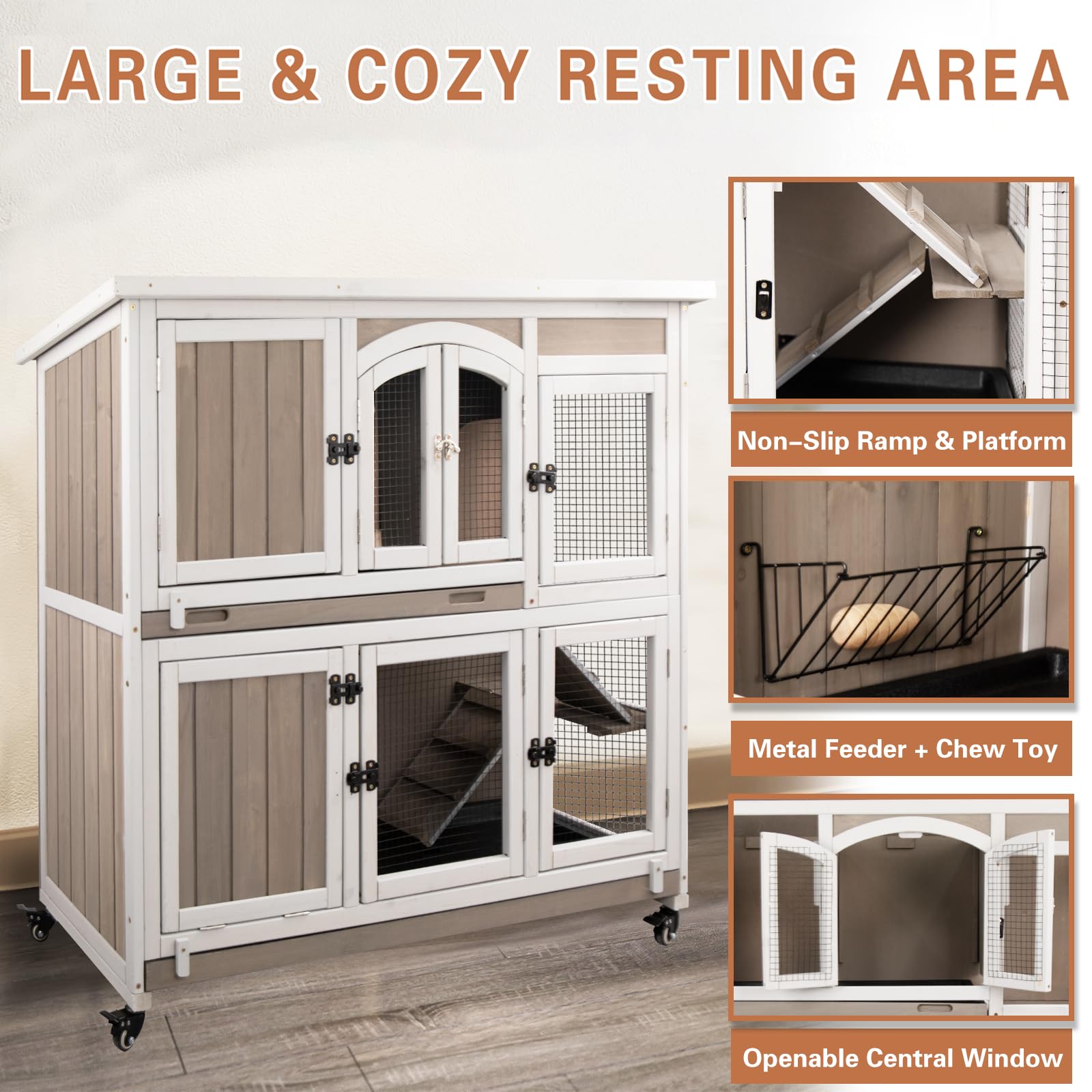 Gowoodhut 47''L Rabbit Hutch Indoor Wooden 2 Story Rabbit Large Bunny Hutch Outdoor Bunny Cage On 4 Metal Wheels And 2 Deeper Pu