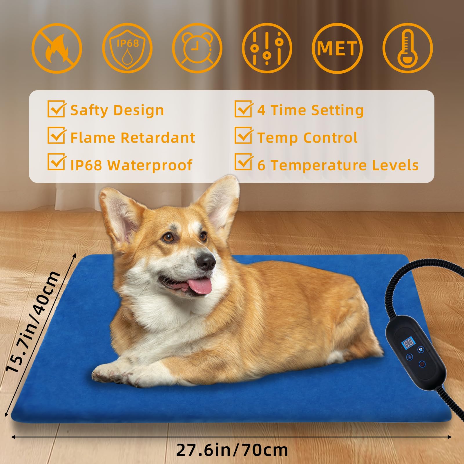 Mewamaa Pet Heating Pad, 6 Adjustable Temperature Heated Dog Cat Bed With Timer,Indoor Warming Heated Mat Pad With Chew Resistan