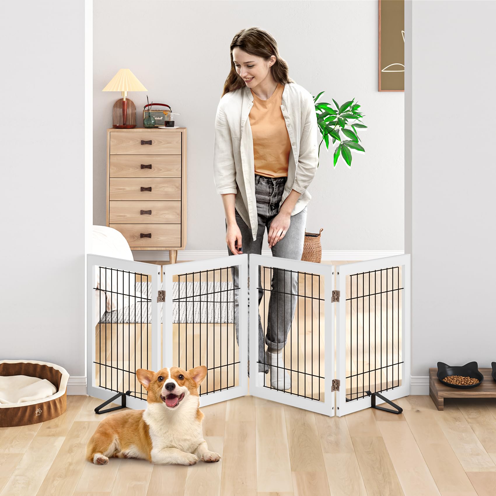 Mino Kesper Dog Gate Indoor, Metal Dog Gates for Doorways House, 24-Inch Freestanding Pet Gates for Dogs, Puppy Fence (4 Panel,