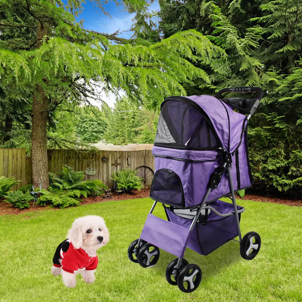 Rica-J Pet Stroller 4 Wheels, Foldable Cat Dog Cage Stroller Travel Carrier Strolling Cart With Cup Holder & Storage Basket Dogg