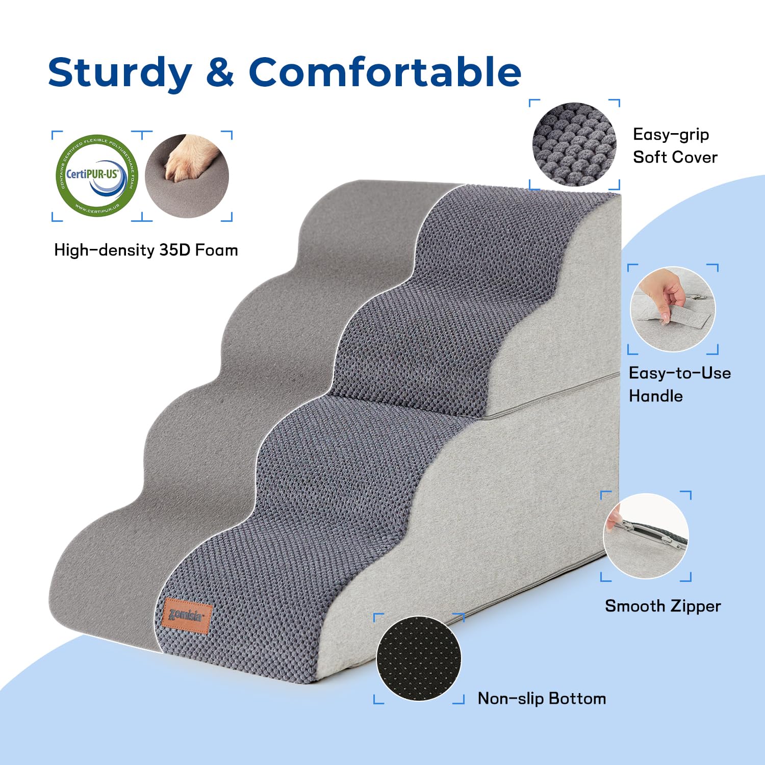 Zomisia Dog Stairs Ramp For Bed 19.7' H - Pet Stairs For Small To Medium Dogs To Get On Bed And Couch, 35D Foam Dog Steps With