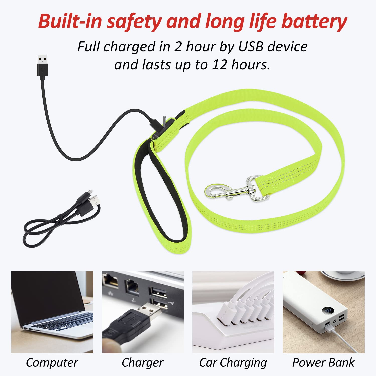 Bseen Light Up Dog Leash, Refelctive Led Dog Leash Rechargeable Glowing Pet Lead Safety Dog Lights For Night Walking (4 Ft, Reflective Green)