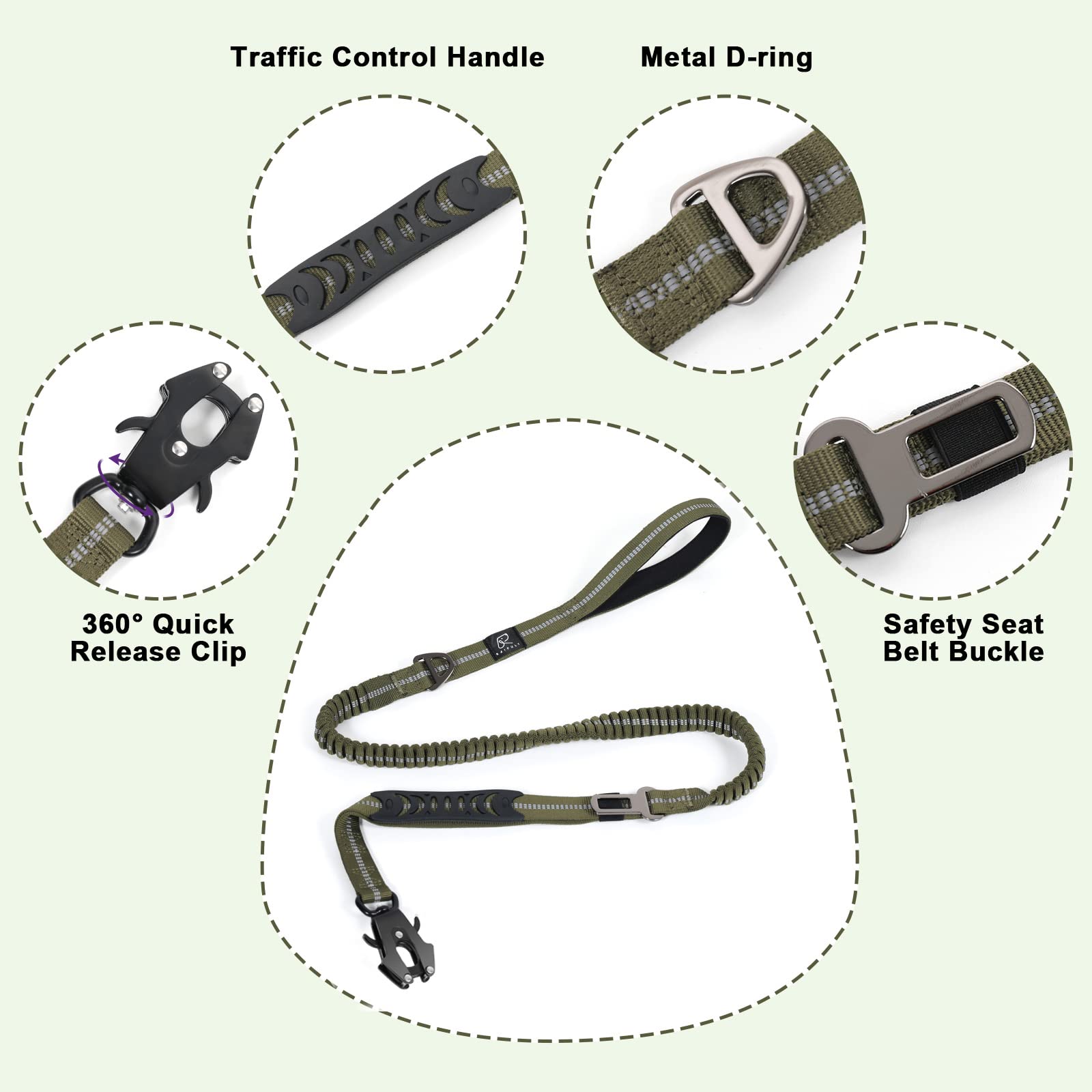 Raipult Tactical Heavy Duty Dog Leash,4-6Ft Strong Bungee Dog Leashes With Frog Clip & Car Seatbelt,Reflective Walking Lead With