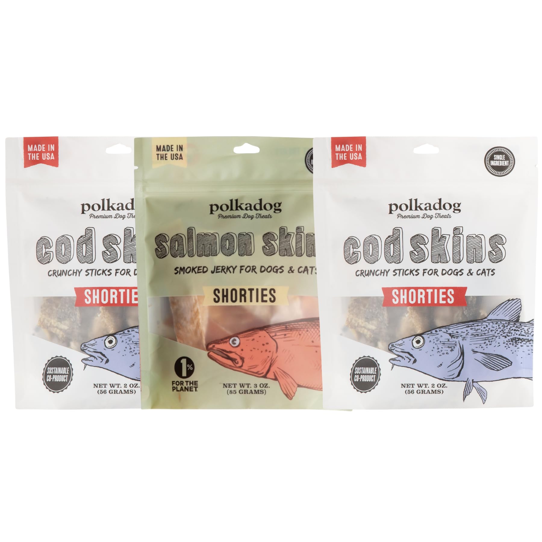 Polkadog Fish Skin Shorties Variety 3-Pack - Includes 2x Cod and 1x Salmon. All-Natural Dog Treats, Made in USA, Single Ingredie