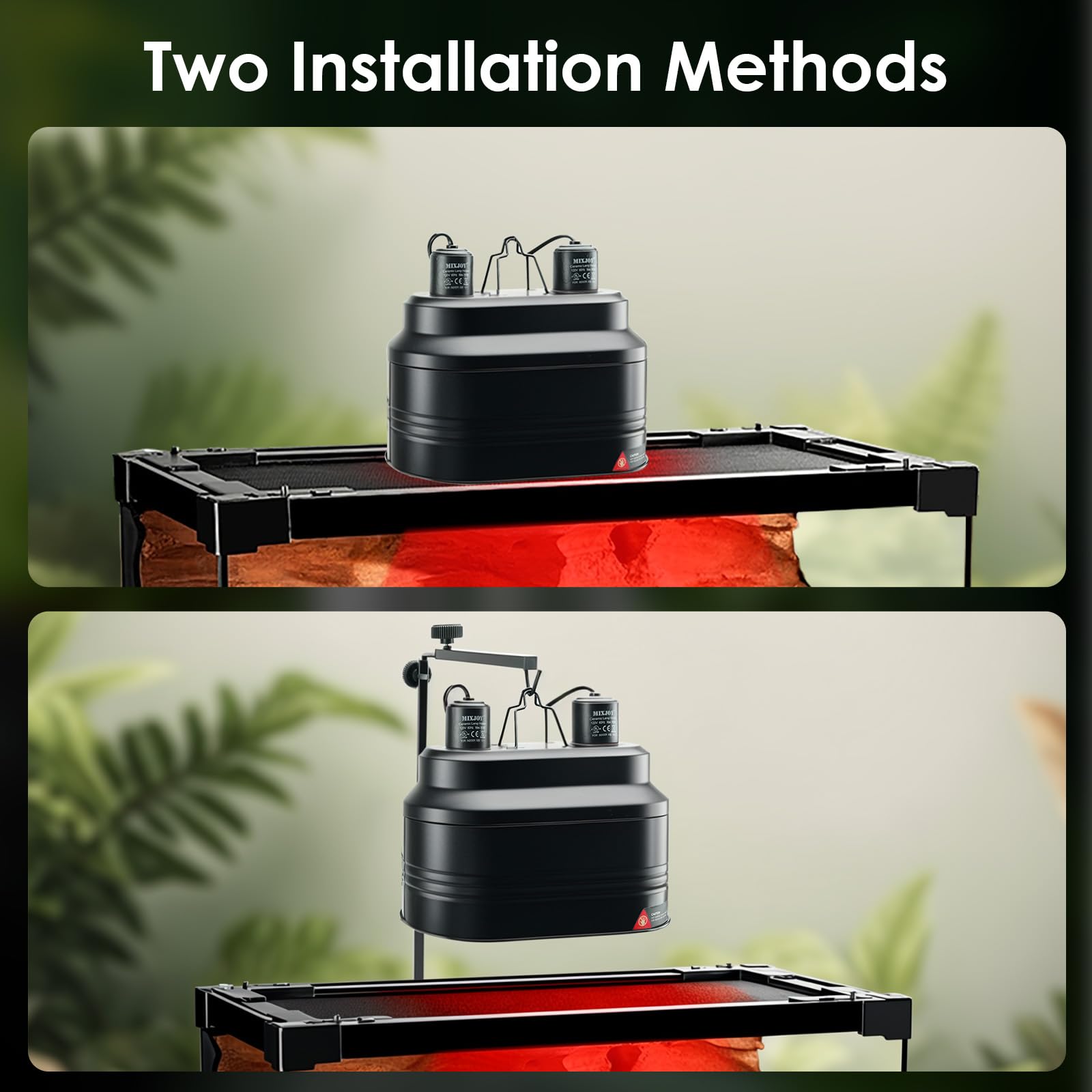 MIXJOY Dual Reptile Light Fixture, 160W, Metal, Black, Model DLF2160W-BK, Separate Switches for Lizards, Turtles, Snakes, Amph