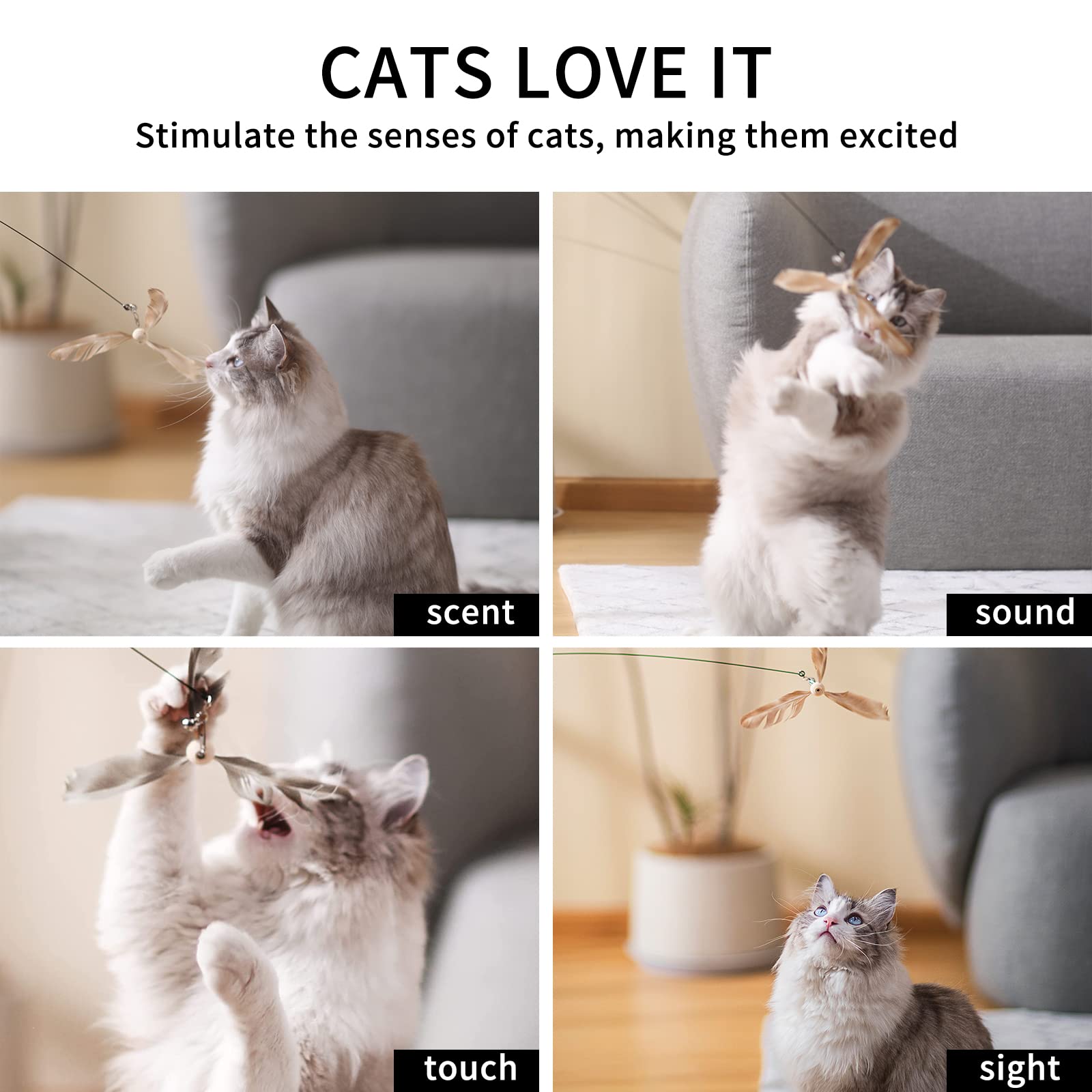 Fukumaru Cat Wand Toy, 35.5 Inch Cat Feather Propeller Toy With Bell, Steel Wire Cat Toy For Indoor Cats With 4Pcs Natural Feath