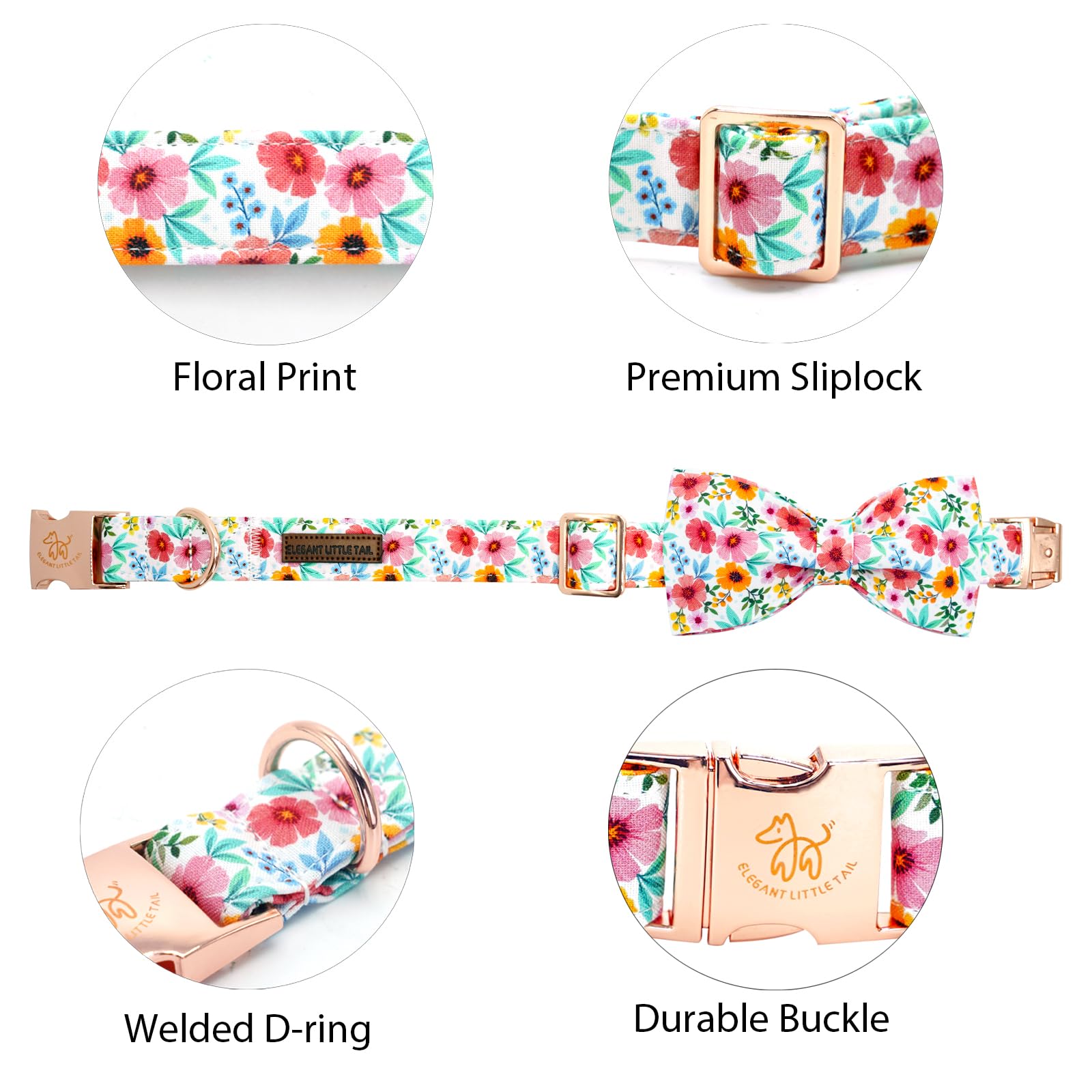 Elegant Little Tail Dog Collar- Cute Floral Dog Collar With Bow For Medium Dogs, Female Adjustable Cotton Summer Pet Bow Holiday