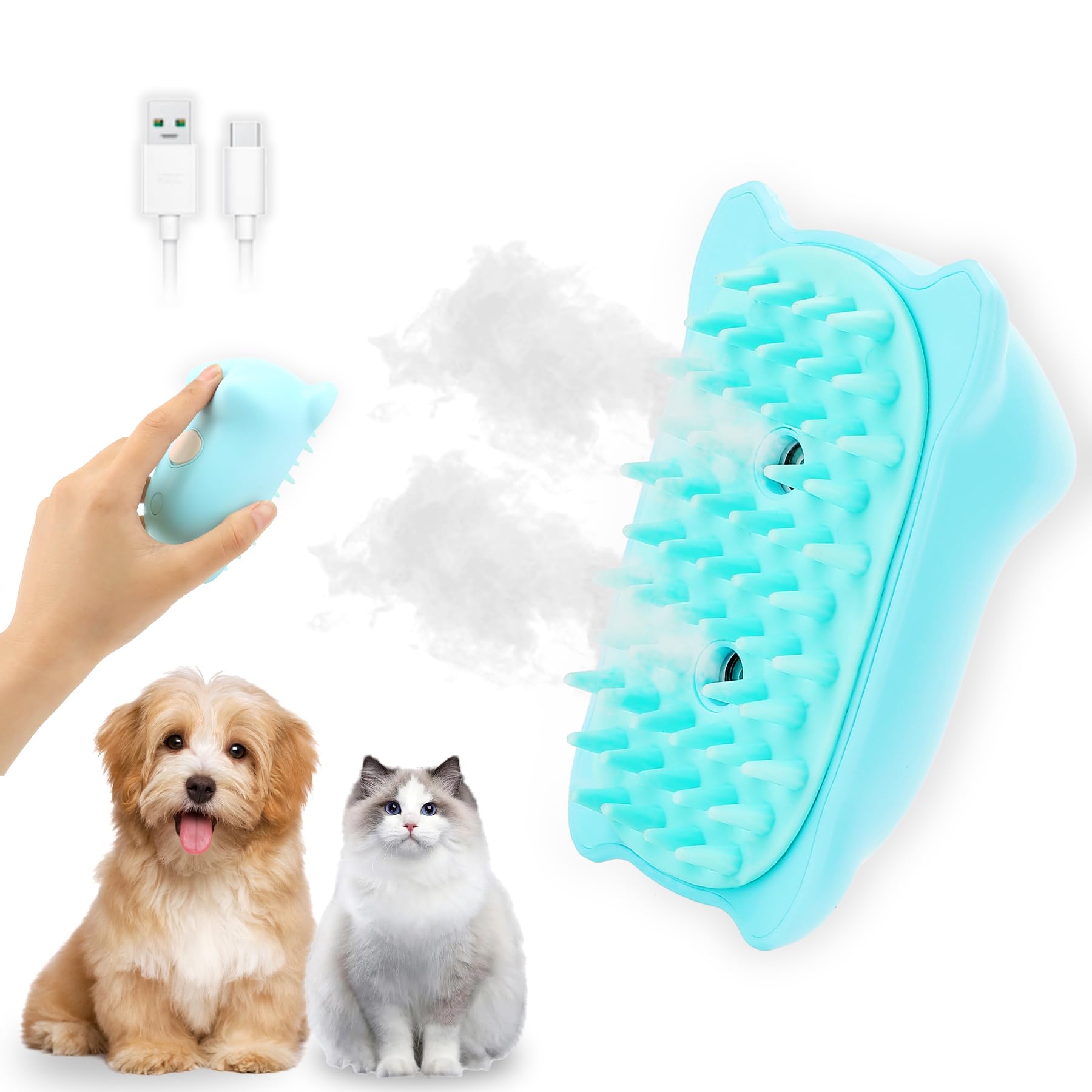 Steam Brush 3 In 1 For Shedding Grooming, Rechargeable Silicone Pet Brush For Cat Dog Massage And Clean Comb - Blue