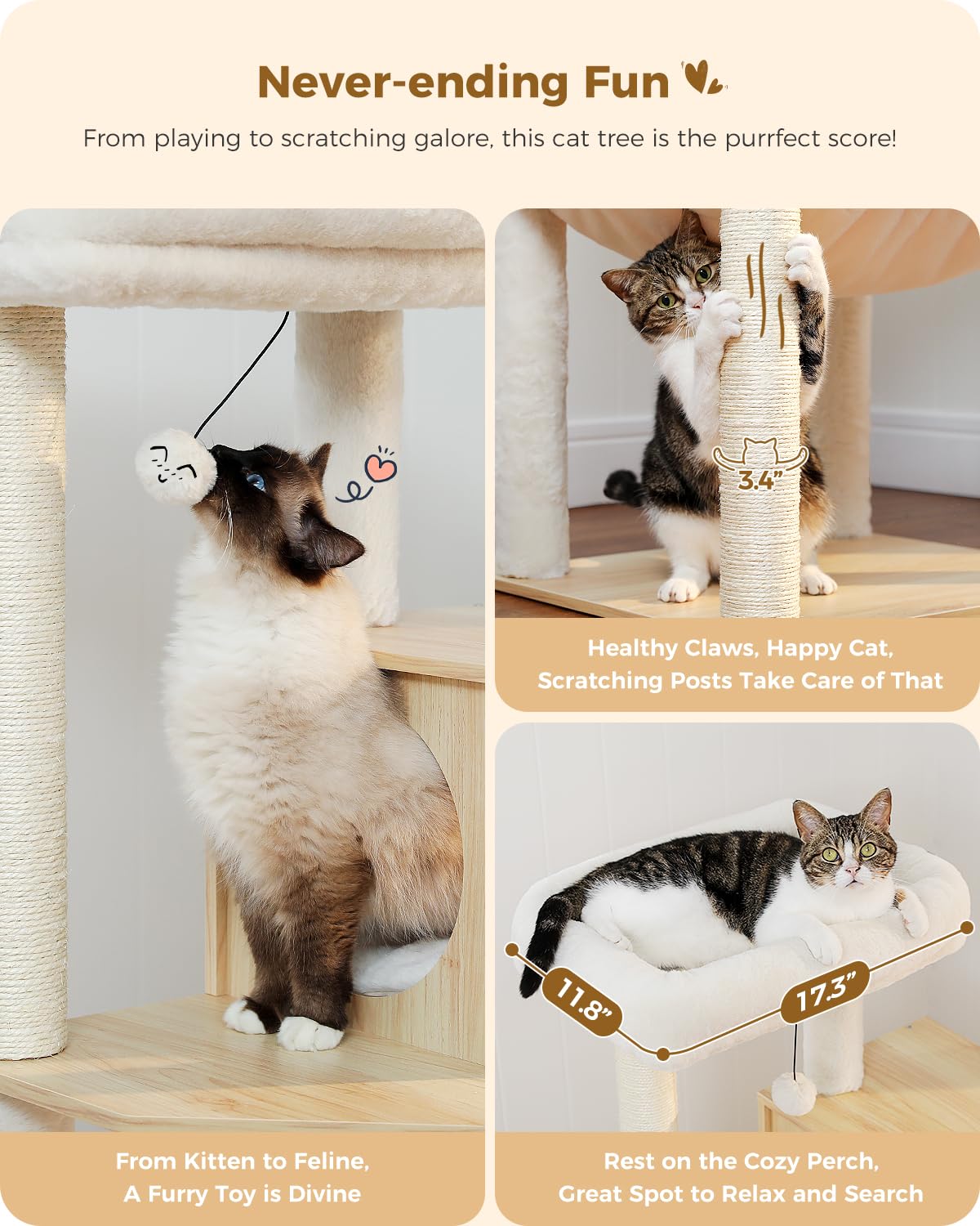 Petepela Wood Cat Tree For Indoor Cats Multi-Level Tower With Sisal Covered Scratching Posts, Cozy Condo, Super Large Hammock An