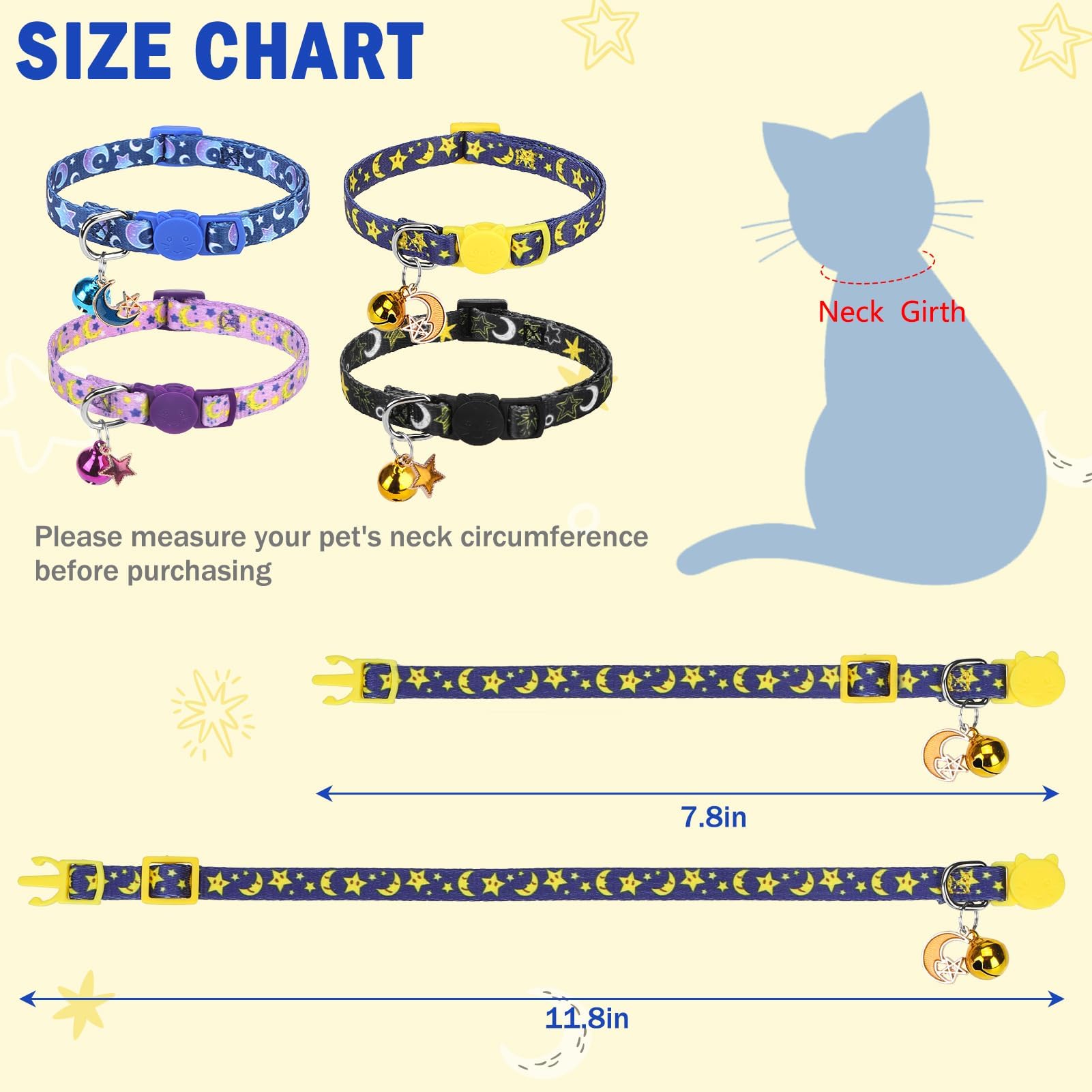 Scenereal Cute Cat Collar With Bell Breakaway, 4 Pack Star And Moon Pendant Spring Pet Collar For Girl Boy Cats, Adjustable Safe