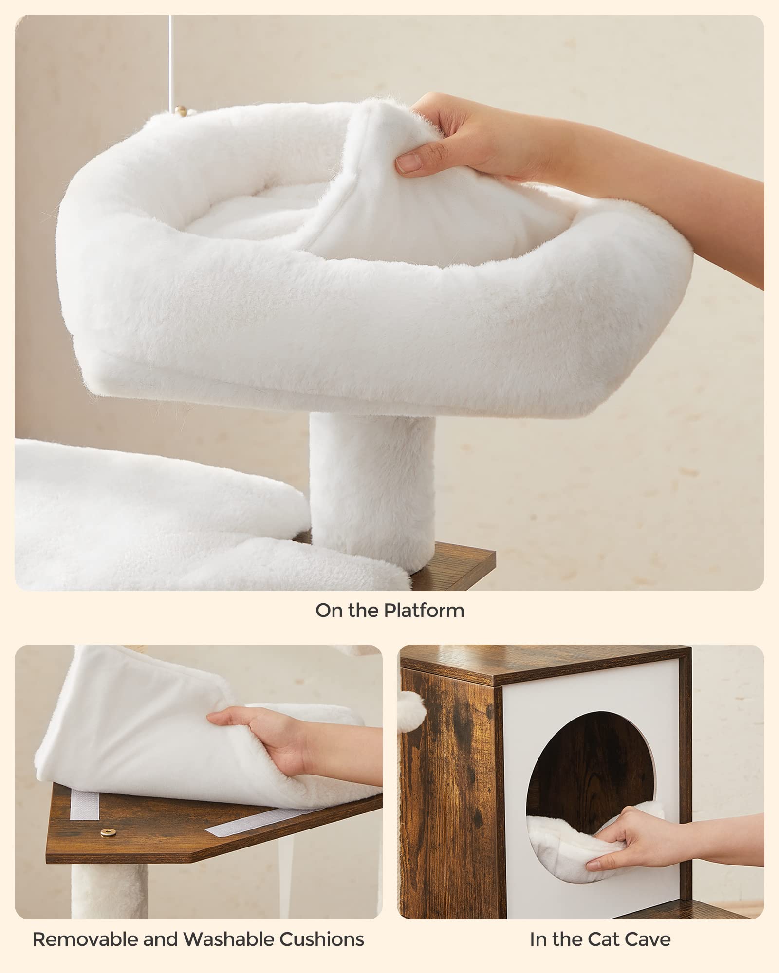 Feandrea Woodywonders Cat Tree With Litter Box Enclosure, 2-In-1 Modern Tower, Furniture Hidden, Cat Condo With Scratching Posts, Removable Pompom Sticks, Rustic Brown Upct113X01