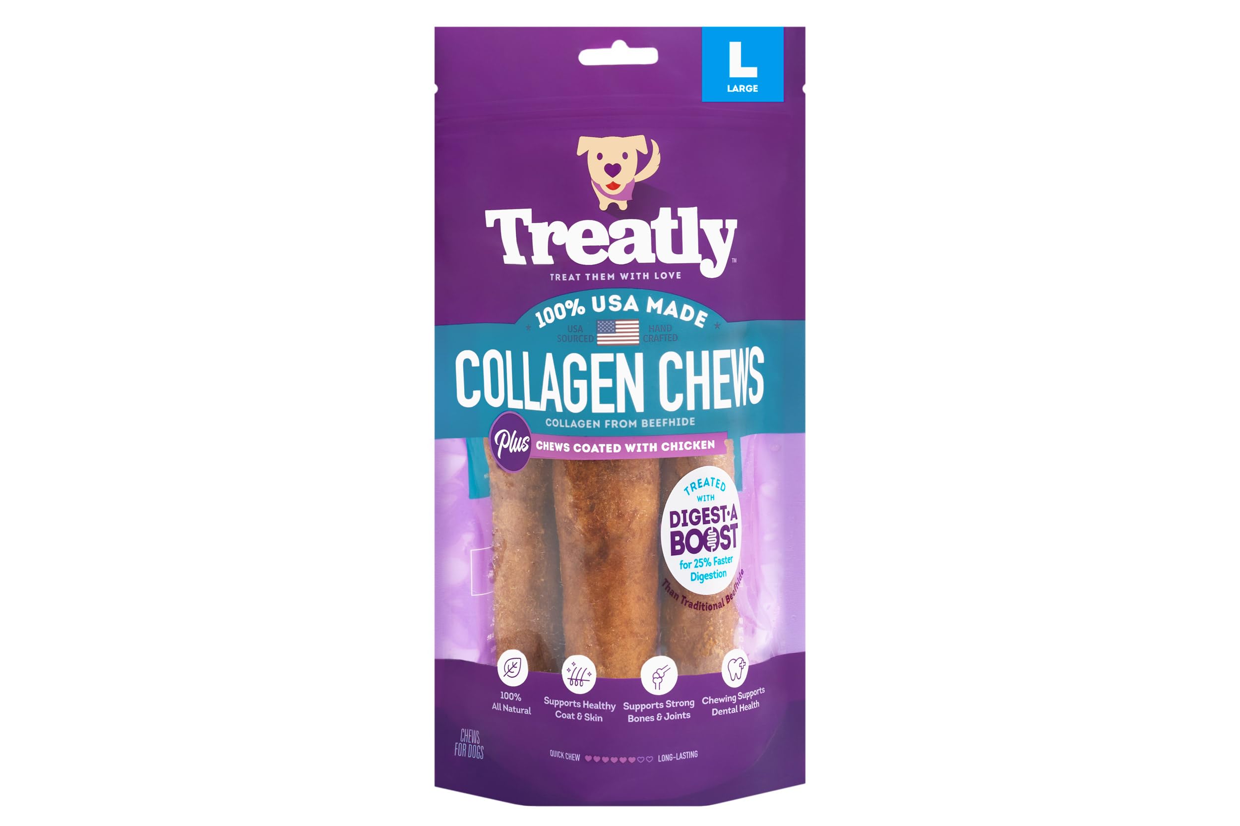 Treatly USA Collagen Rolls 9-10 Dog Chew Treats - Chicken Meat Flavor, 4 Count/1 Pack