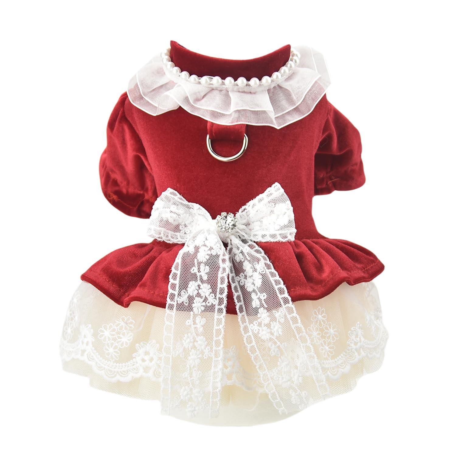 Fladorepet Dog Christmas Costume Outfits,Red Velvet Small Dog Bowknot Pearl Dress Tutu Skirt, Winter Cat Clothes Pet Apparel(Red