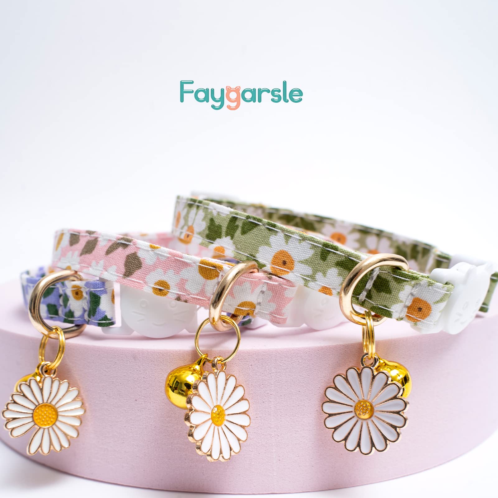 Faygarsle 3 Pack Cotton Safe Breakaway Cat Collars With Bell Daisy Charm Green Blue Pink Kitty Kitten Cute Cat Collars For Girl Cats Female Cats