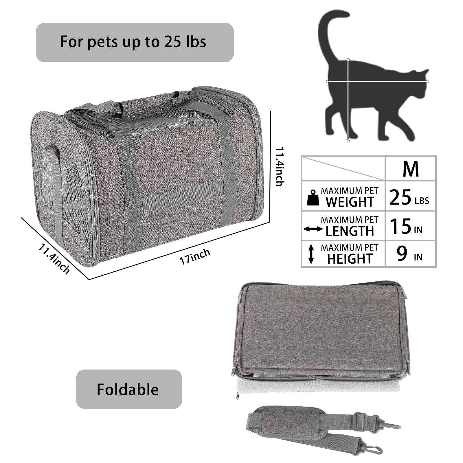 Cat Carrying Case - Pet Carrier Airline Approved, Protable And Breathable Pet Travel Carrier Removable Fleece Pad, Collapsible Cat Carrier Dog Carrier For Medium Cats Small Cats Dogs (17*11*11 Grey)