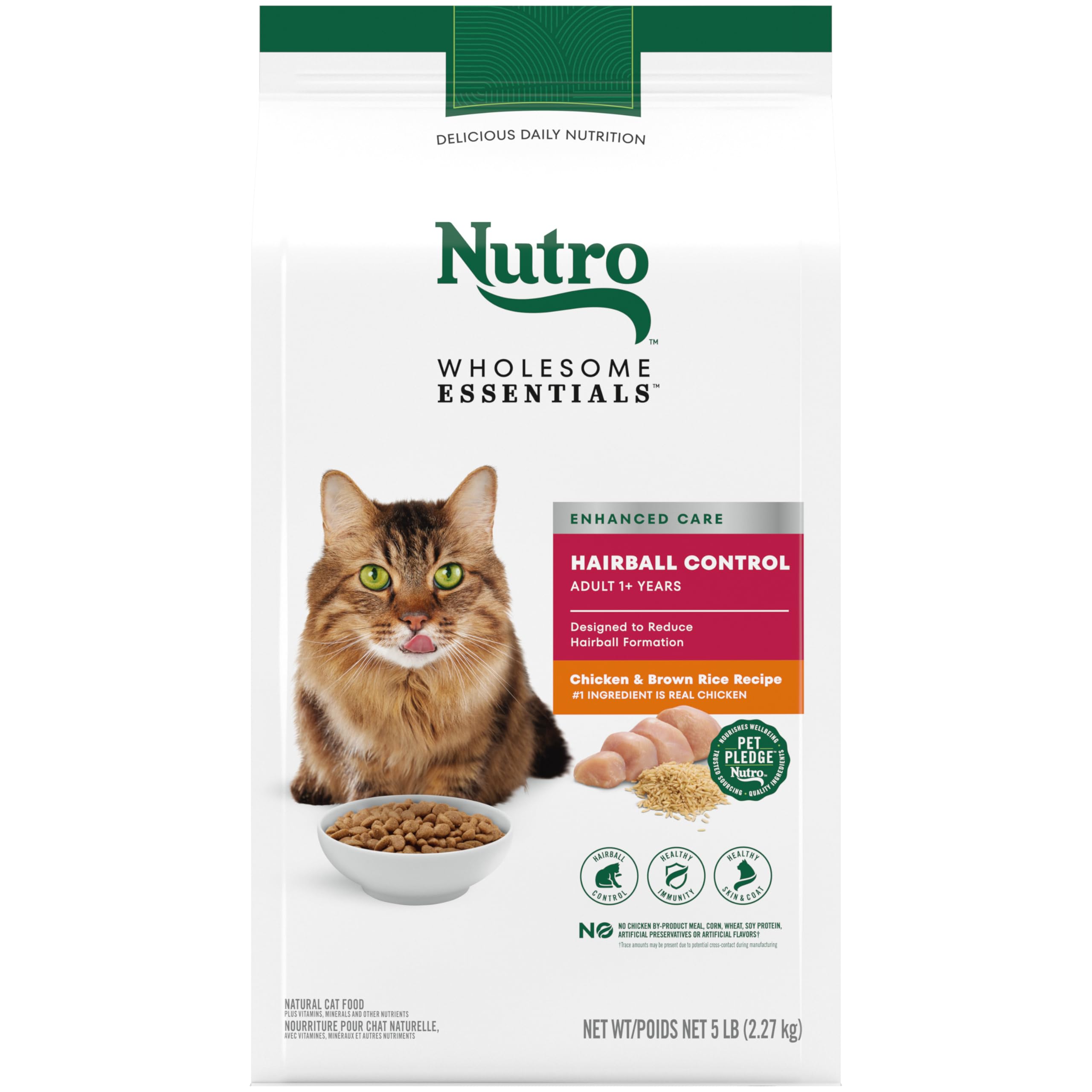 NUTRO WHOLESOME ESSENTIALS Natural Dry Cat Food, Hairball Control Adult Cat Chicken & Brown Rice Recipe Cat Kibble, 5 lb. Bag