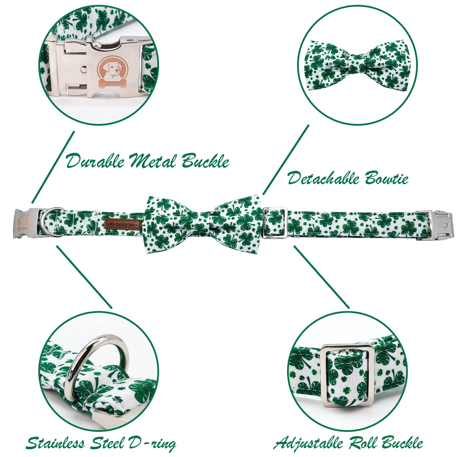 Mr. Chubbyface St.Patrick'S Day Green Clovers Dog Collar Adjustable Dog Collar Bow Tie For Small Medium Large Dogs