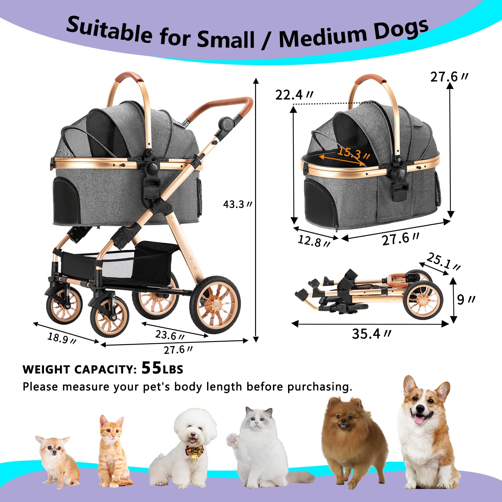 Ingborsa Pet Stroller For Medium & Small Dogs - Foldable, Lightweight Dog Carrier With Storage Basket (Gray)