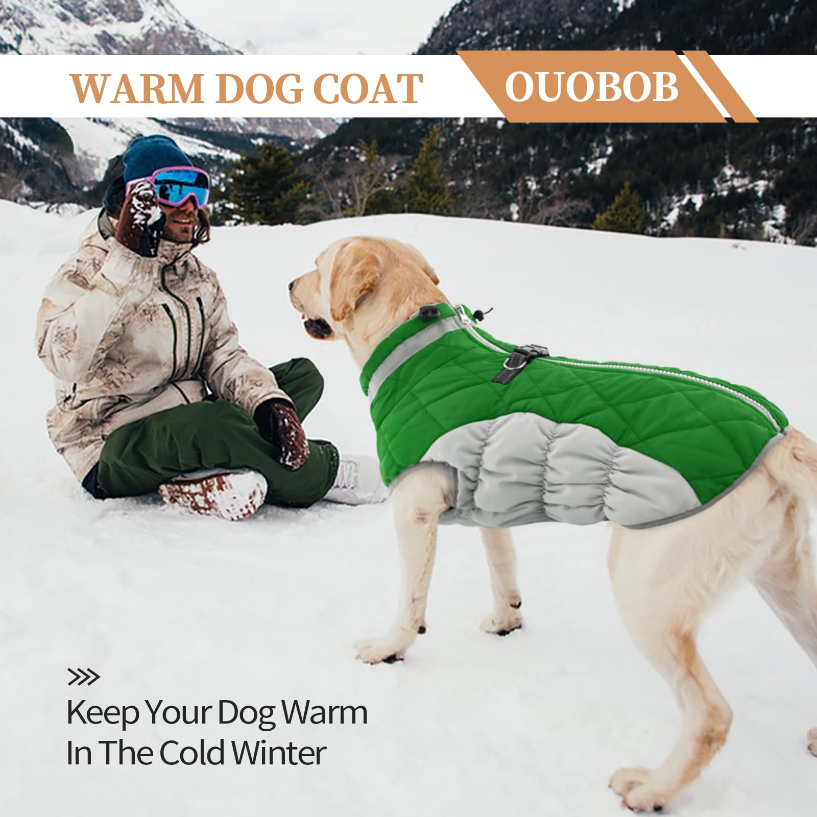 Ouobob Dog Jackets For Medium Dogs,Medium Dog Coat,Warm Dog Winter Coat Zip Up Back,Waterproof Dog Jacket With D-Ring,Dog Cold Weather Coats With Fleece Lined, Dog Snowsuit Pug Boston Terrier Green M
