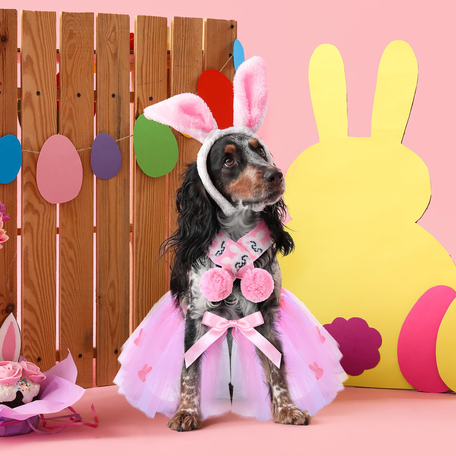 Siltriangle 3 Pieces Easter Dog Costume Set Including Easter Rabbit Ears Headband Easter Dog Tutu Dress Cute Pet Tutu Pink Easte
