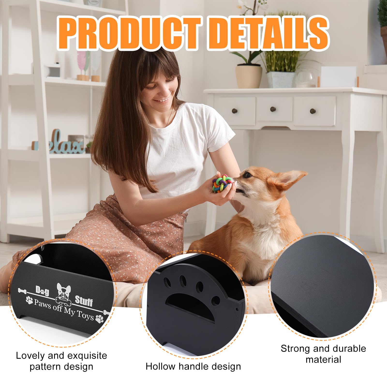 Marsui Wooden Dog Toy Bin Basket with Handle 14x9x8 Inches Large Dog Stuff Storage Box Cute Pet Stuff Organizer for Chew, Blanke