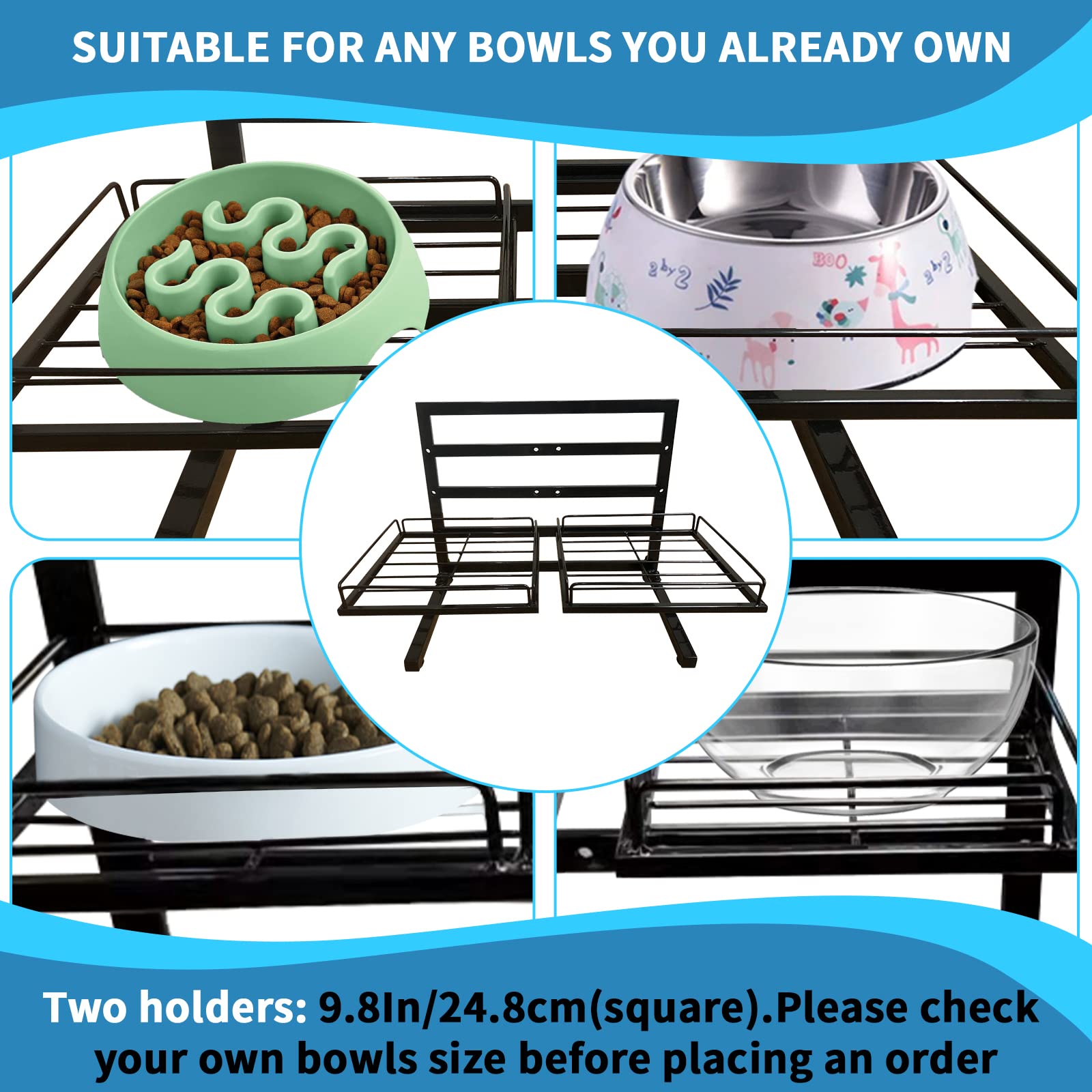 Elevated Dog Bowl Stand - Adjustable Holder with 3 Heights for Small to Large Dogs (For 2Pcs 9.8in Bowls)