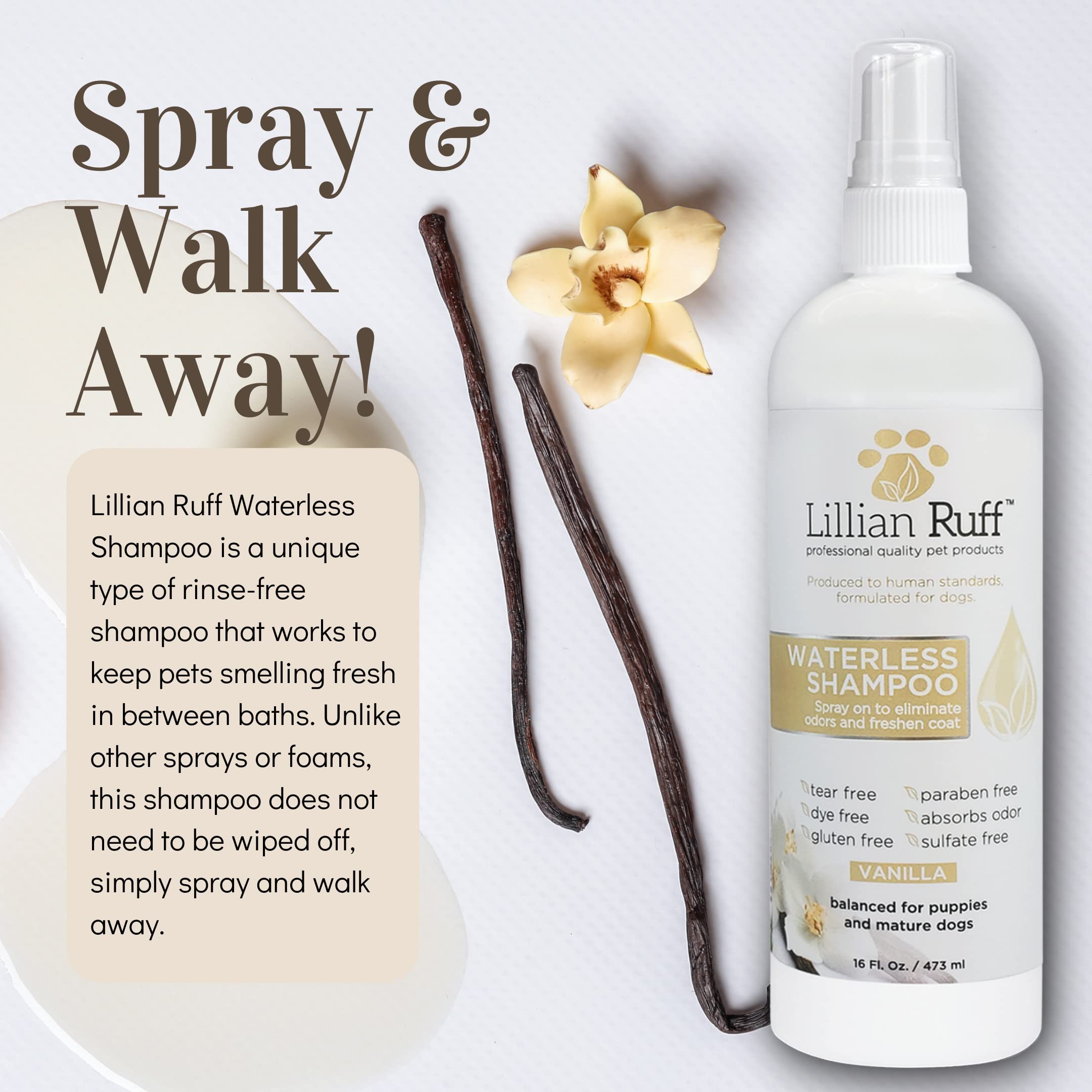 Lillian Ruff Waterless No-Rinse Dog Shampoo Spray - pH-Balanced, Hydrating Essential Oils, Vanilla Scent, for Sensitive Skin