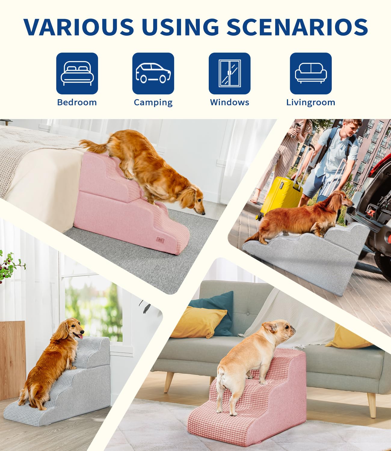 ABCPET Dog Stairs for Small Dogs, 15.7 H Dog Steps for Bed 35D Strong Support Foam Stairs for High Bed or Couch Sofa Non-Slip Ba