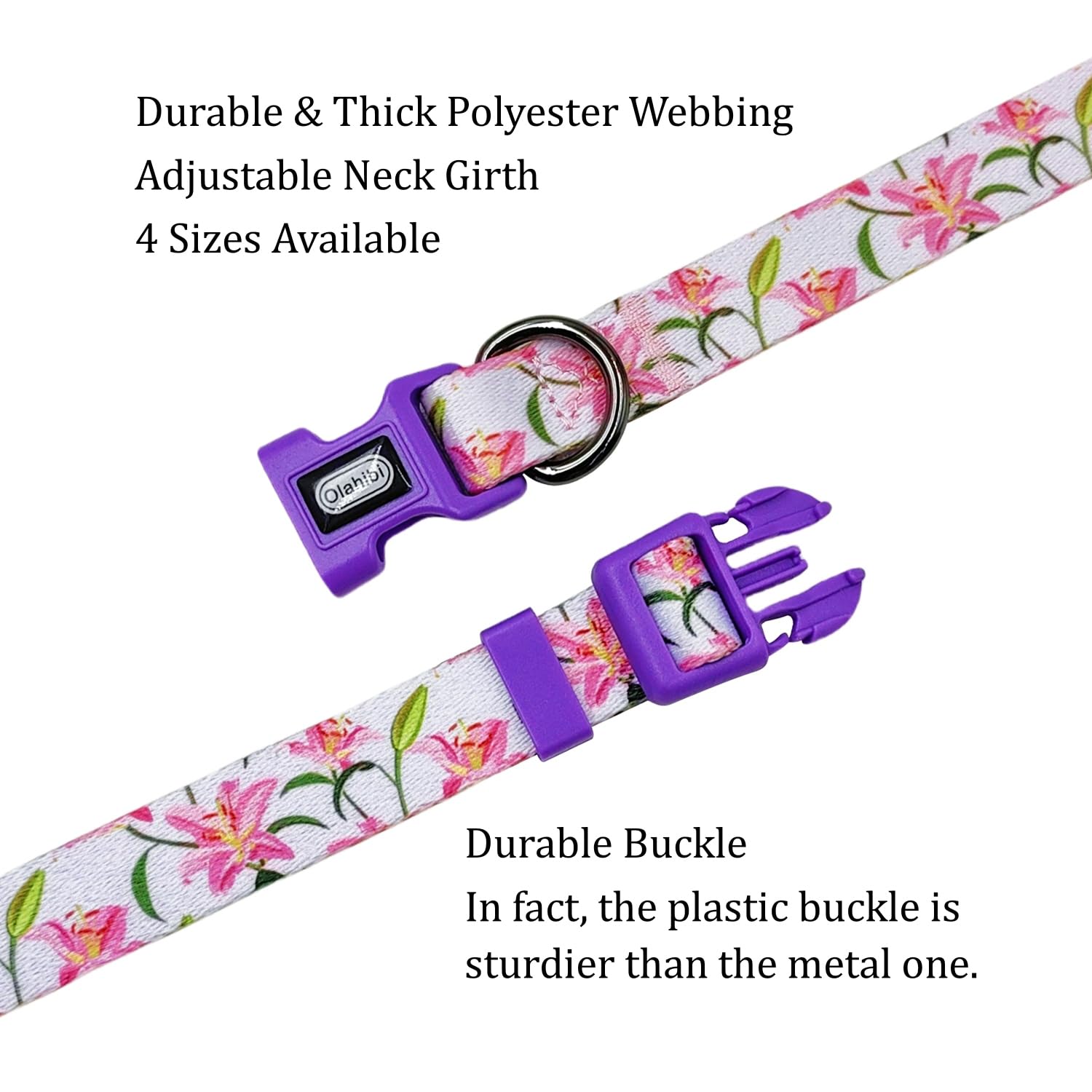 Olahibi Dog Collar And Leash Set, Lily Floral Pattern, Polyester Material, 5Ft Leash, For Medium Dogs.(M, Purple Lily)