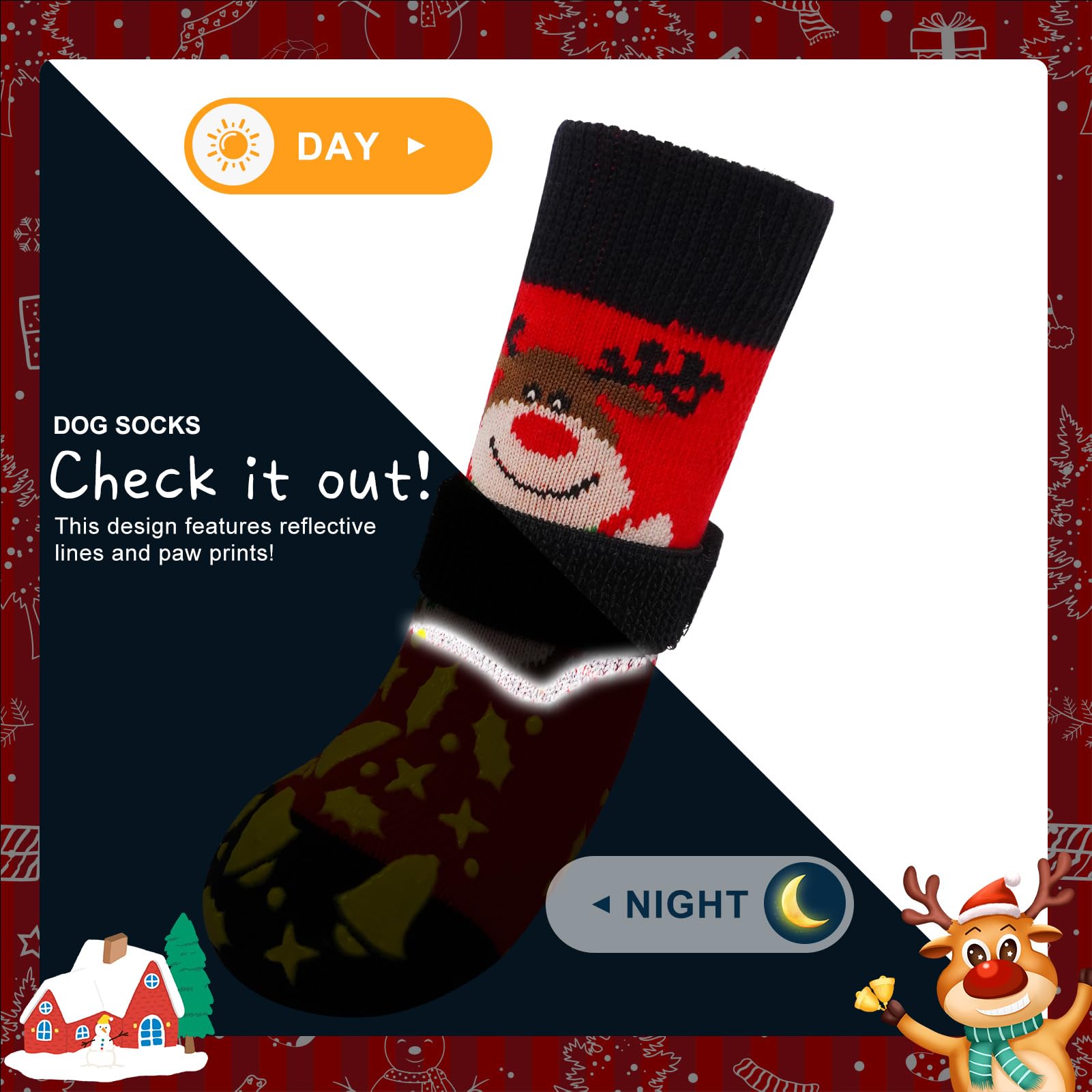 Beautyzoo Christmas Dog Socks To Prevent Licking Paws, Hardwood Floors Anti Slip, Non Slip Dog Socks With Grippers Dog Paw Prote