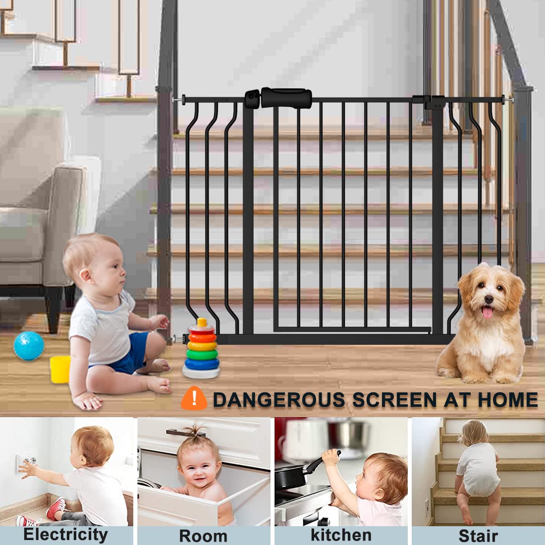 Flower Frail Extra Wide Baby Gate Black 34-38.5 Inch Wide Walk Through Pressure Mounted No Drill Long and Large Tension Metal Ga