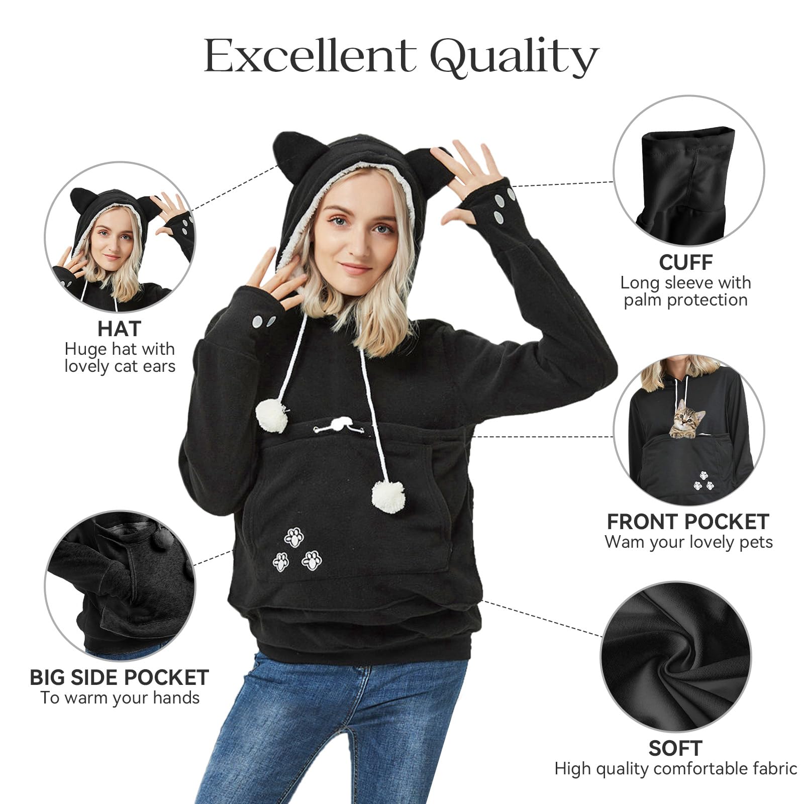 YYW Womens Pet Hoodies Pullover Sweatshirt Oversized Cat Hoodies Pet Holder Cat Dog Pouch Carriers (Gray,Large)