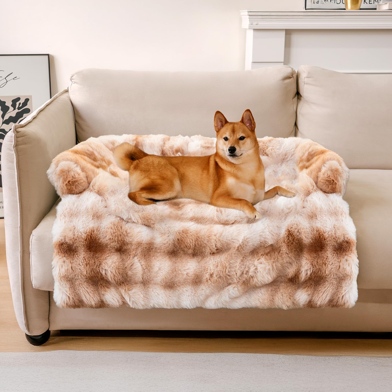FUNNYFUZZY Calming Dog Bed Mat, Fluffy Fuzzy Couch Cover for Sofa, Furniture Protector with Removable Washable Cover for Large M