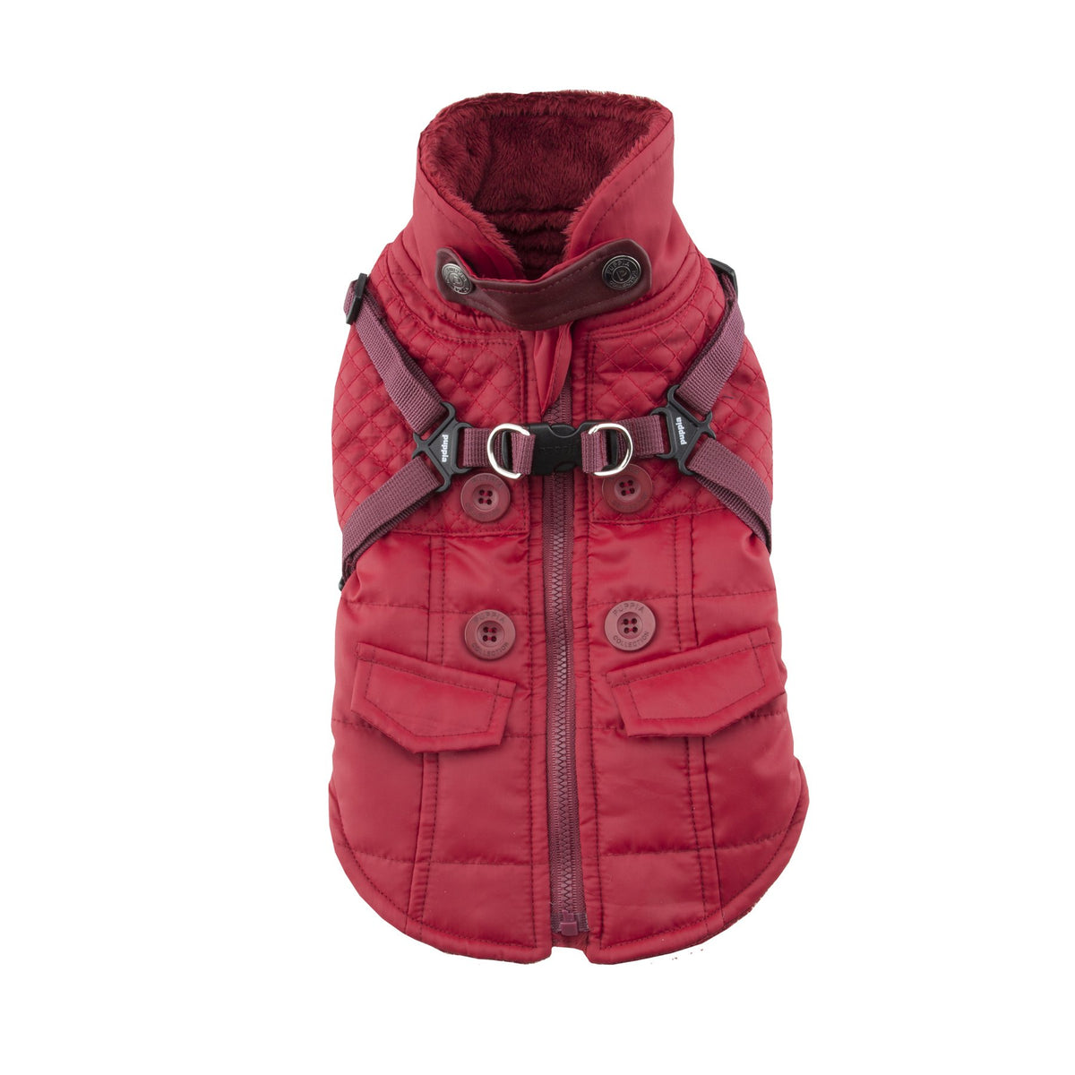 Puppia Wilkes Winter Dog Coat With Integrated Harness No Pull Cold Weather Waterproof Warm Fleece Back Zipper For Small & Medium Dog, Wine, Medium