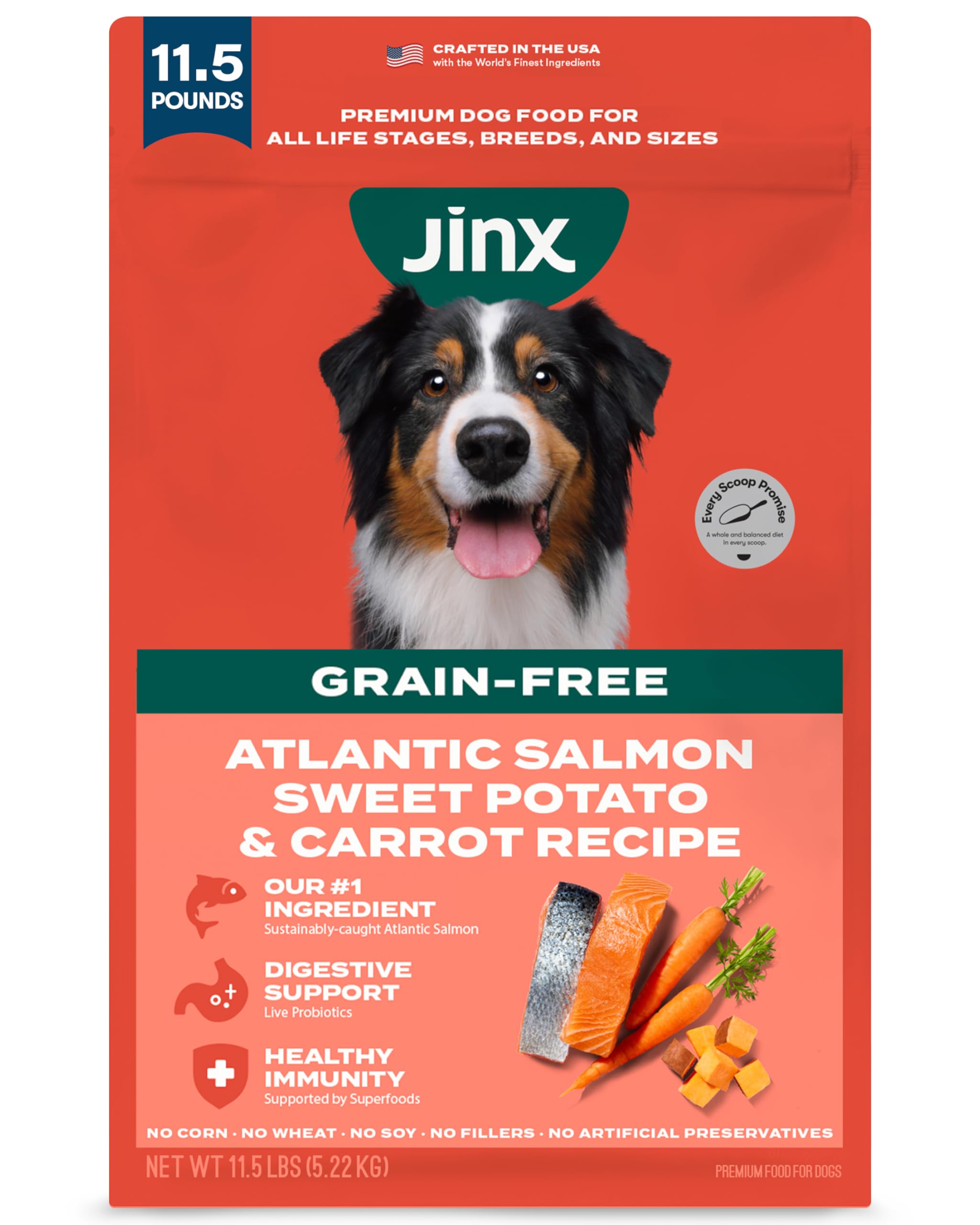 Jinx Premium Grain-Free Dry Dog Food, for All Lifestages - Real Salmon, Sweet Potato & Carrot Kibble with Superfoods for Immune