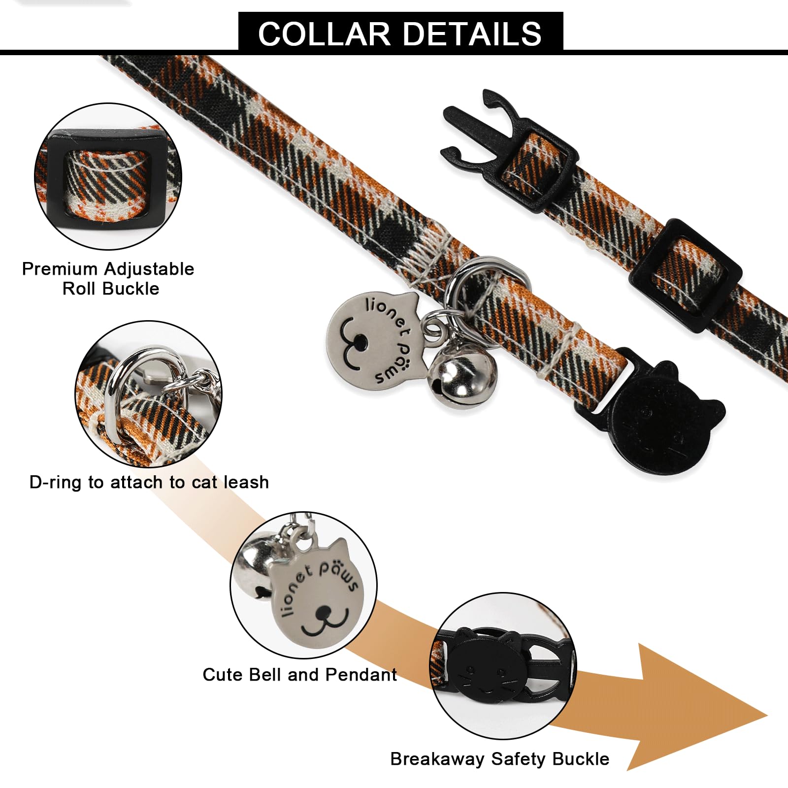 Lionet Paws 2Pcs Pack Cotton Cat Collar,Breakaway Buckle With Halloween And Brand Pendant Cute Adjustable Cat Kitten Collar,Idea