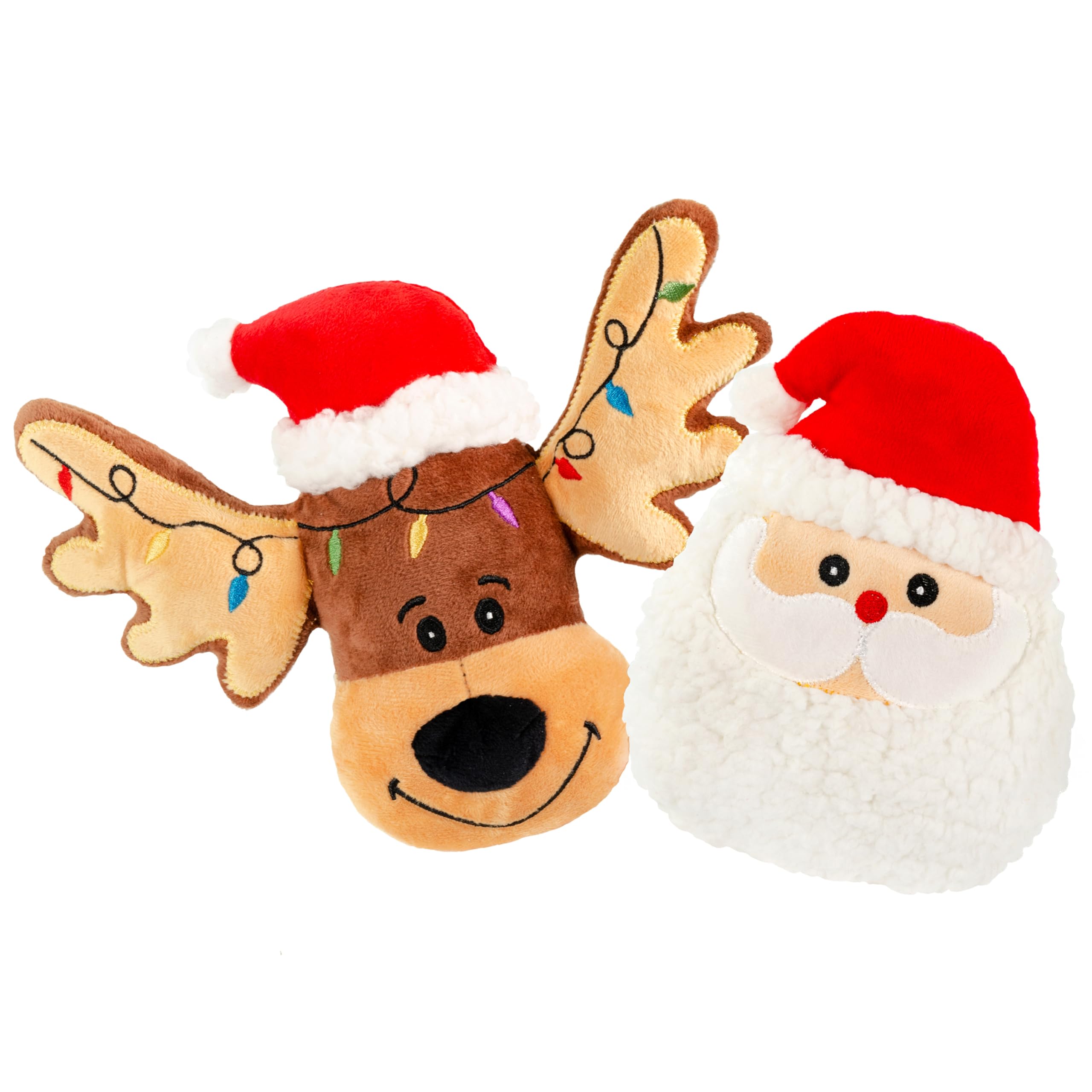 Giftable World Holiday Plush Pet Toy Fun For Christmas Designs With Squeaker Dog Chew Toy (7' Reindeer & Santa Cookie)