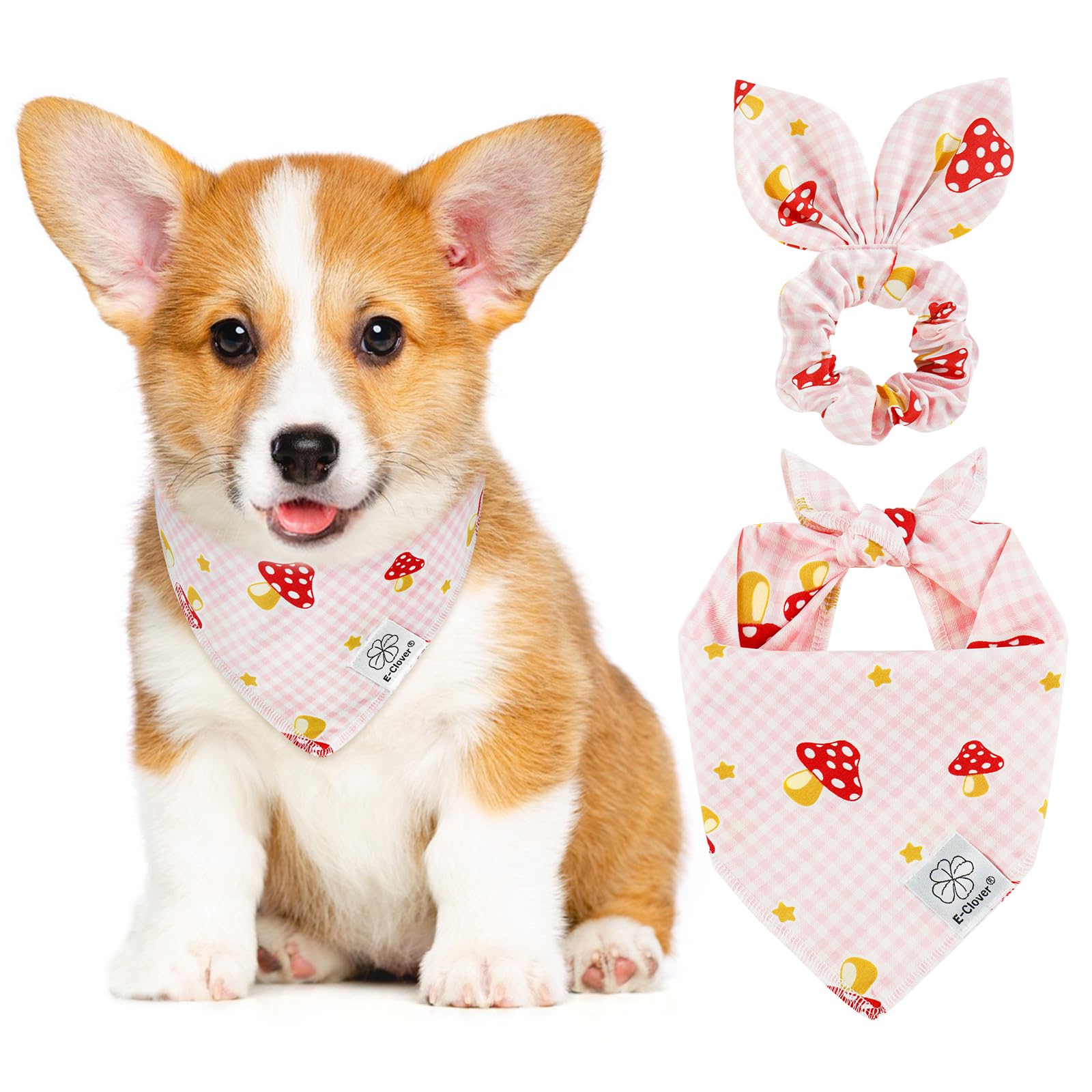 E-Clover Pink Buffalo Plaid Dog Bandanas & Matching Scrunchie Set Girl Cute Dog Scarf Bibs Pet Bandana With Bow Tie For Small Do