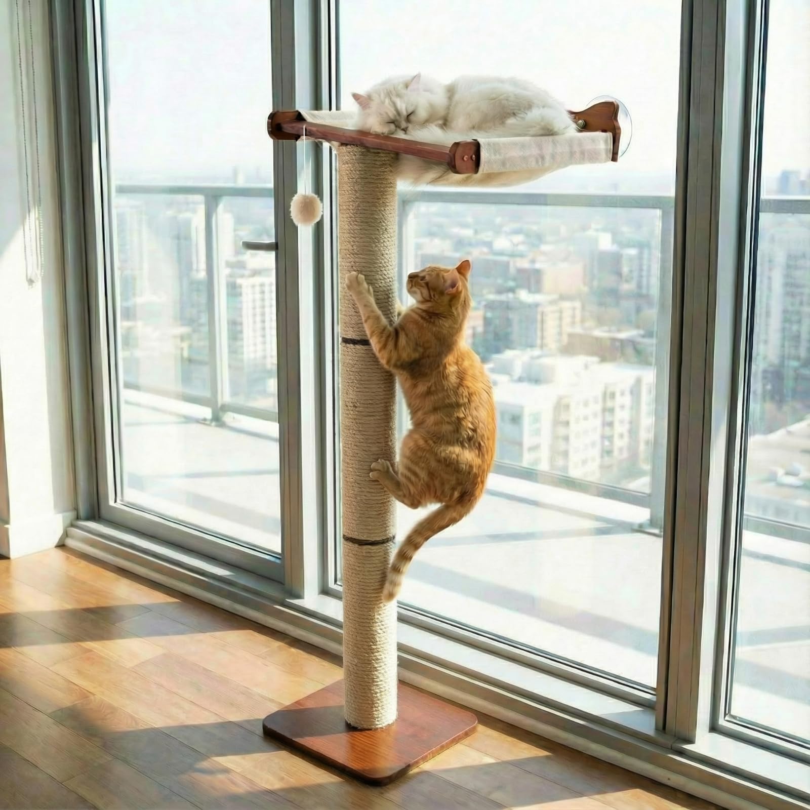 Sintuff Cat Window Perch with Scratching Post Climbing Tree Hammock Mounted with Suction Cups 46 Inch Tall Adjustable Narrow Cat