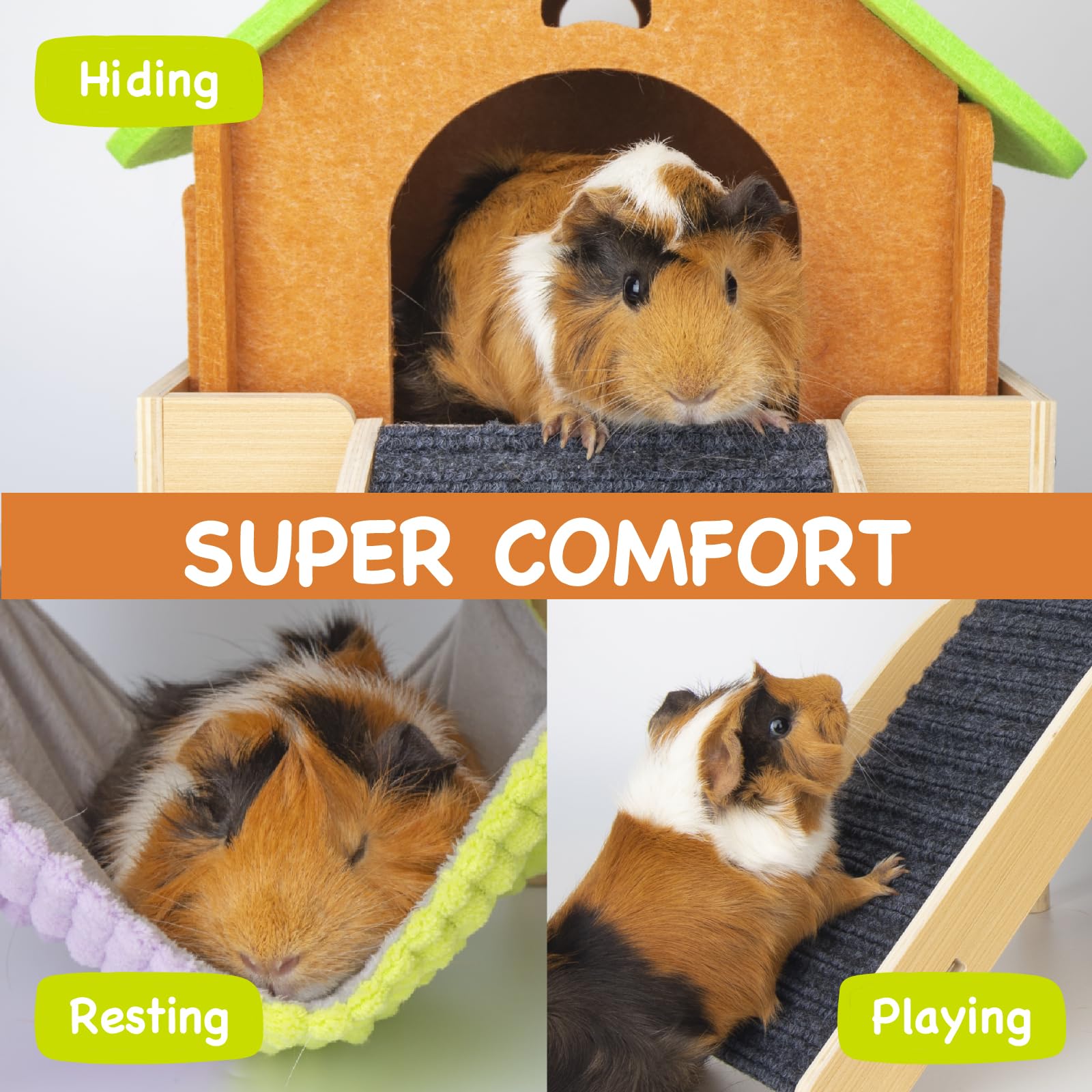 Besnew 3 In 1 Enlarged Guinea Pig Hammock With House & Platform,Wooden Guinea Pig Hideout With Hammock & Stairs Small Animal Toy
