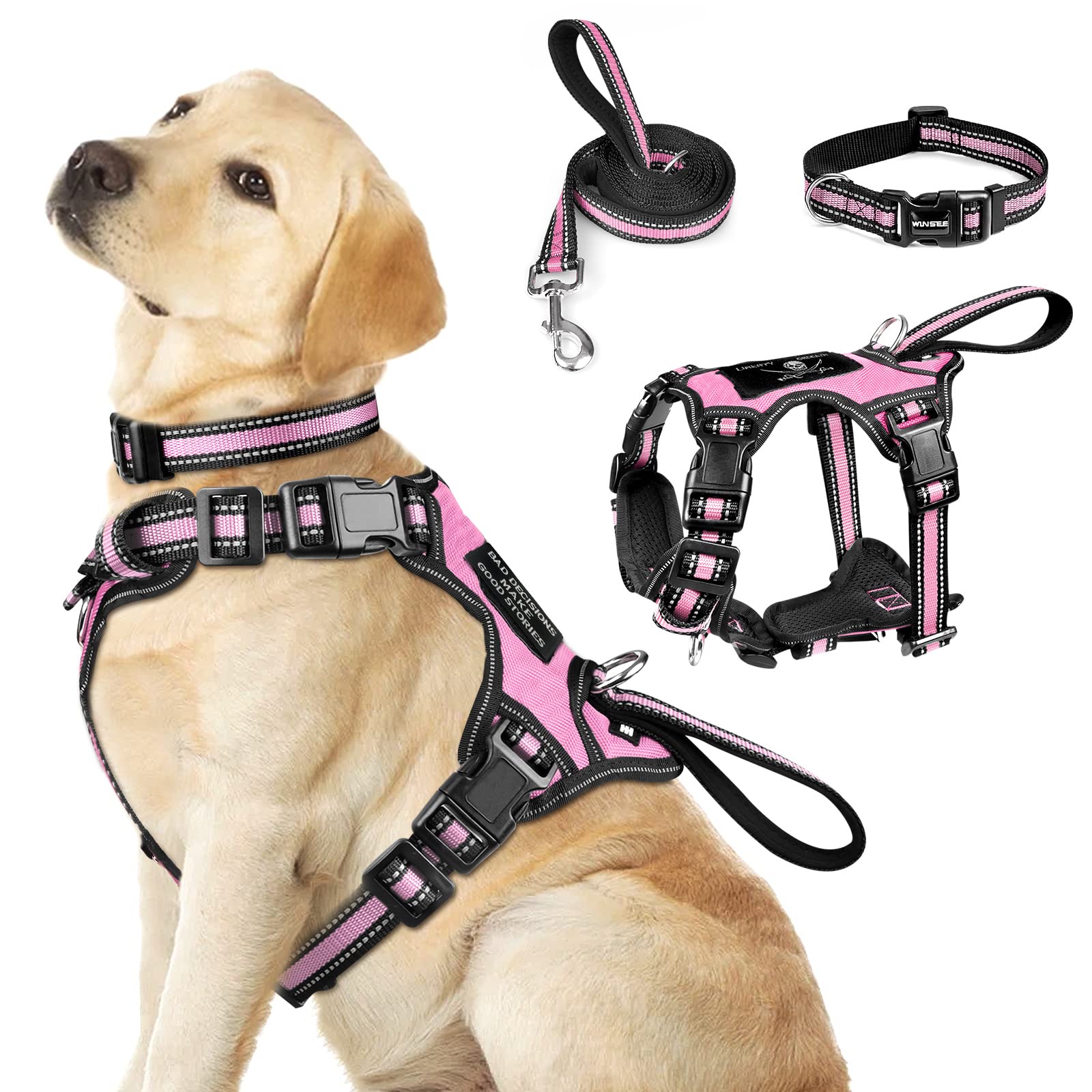 Winsee Pet Harness Collar And Leash Set, All-In-One Reflective Dog Harness No Pull With Adjustable Buckles For Puppies, Small, M
